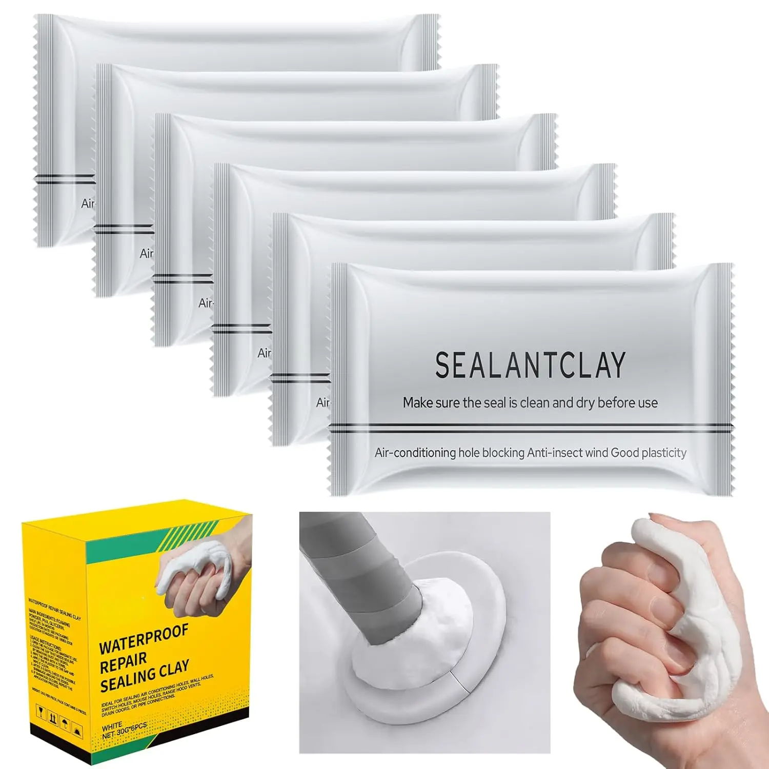6-Pack New Type White Waterproof Sealant Mastic, Repair Sealing Clay, Quick Mending Mud  Drain Connection, Wall Hole, Air Conditioning Hole Waterproof Seal Putty New model
