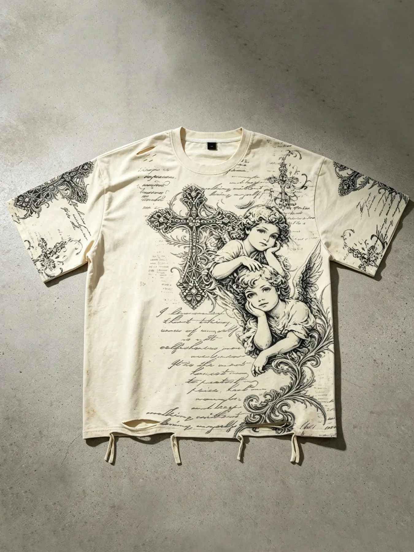 Retro distressed and ripped design, men's cotton short-sleeved T-shirt, all-over European-style hand-drawn pattern, double angel carving, cross print, large print, loose fit, drop shoulders, trendy street style, men's cotton T-shirt.