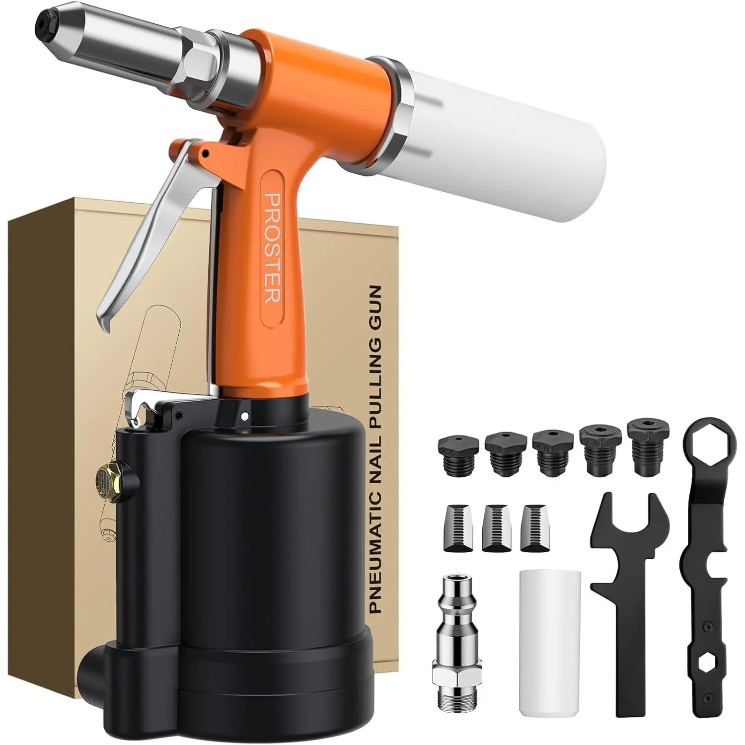Proster Pneumatic Riveter - 5 Nozzles Pneumatic Rivet Gun, 3924LBF Pulling Heavy-Duty Air Pop Riveter 3/32", 1/8", 5/32", 3/16" and 1/4" Capacity