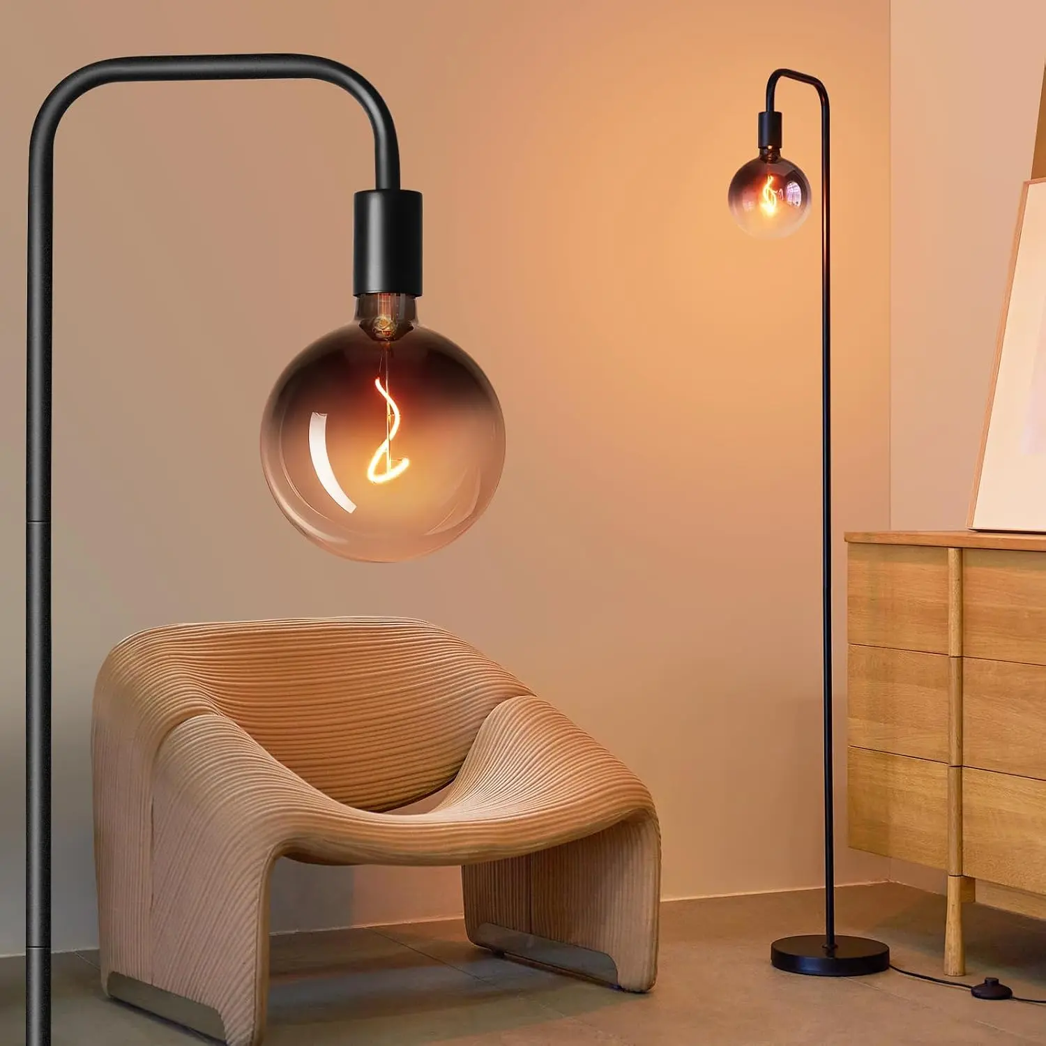 Floor Lamp for Living Room - Minimalist Industrial Standing Lamp with Modern LED Bulb, Globe Black Clear Glass 6", 1800K Warm Ambiant Lighting Decorative Tall Floor Lamp for Bedroom Office