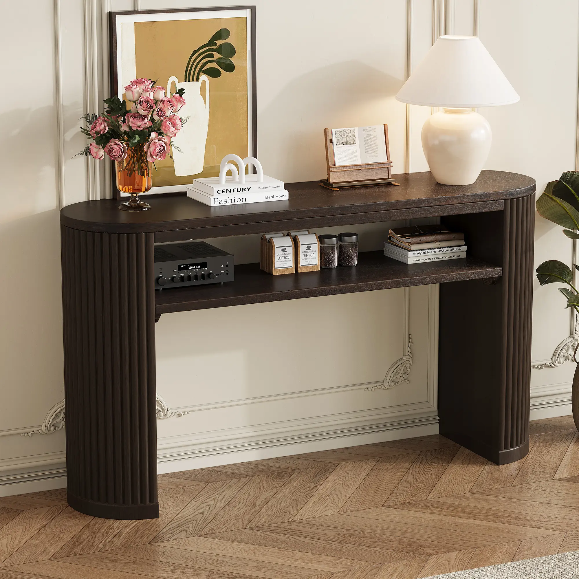 53.2" Rustic Console Table with Fluted Legs, Farmhouse Entryway Sofa Table with Ash Veneer Top, Open Shelf, Distressed Black, YATU Living
