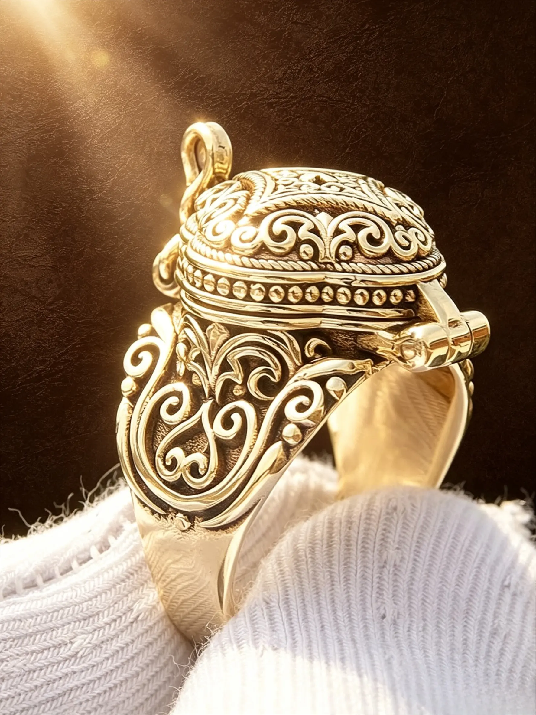 Vintage Filigree Flip Top Hidden Storage Wide Signet Ring For Him Her, Polished Gold Plated Ornate Scroll & Cross Engraved Surface, Secret Compartment Statement Jewelry, Daily Prayer Anniversary Baptism Gift For Christian Boyfriend Husband