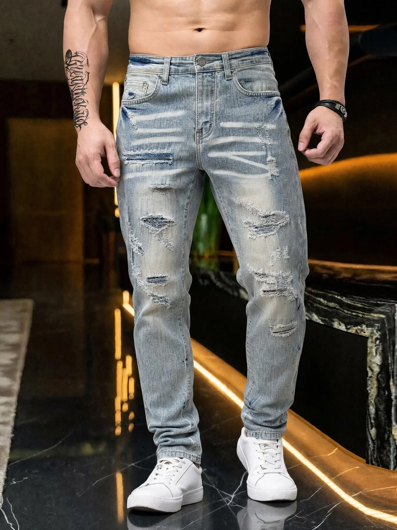 American Vintage Washed Light Blue Ripped Jeans for Men, High Street Streetwear Distressed Fade Frayed Edge Slim Fit Straight Leg Pants, Trendy Youth Elastic Casual Long Pants