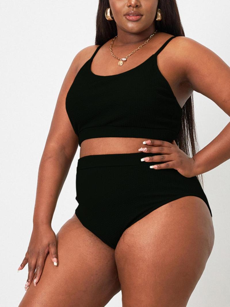 [Plus Size] Plain Ribbed Swimsuits, Casual Spaghetti Strap Cami Swim Top & High Waist Swim Bottom Bikini Sets for Summer, Swimsuit for Women, Women's Swimwear for Beach Holiday, Tankini Outfit, High Waisted Swimsuit, Swim Tankini Tops