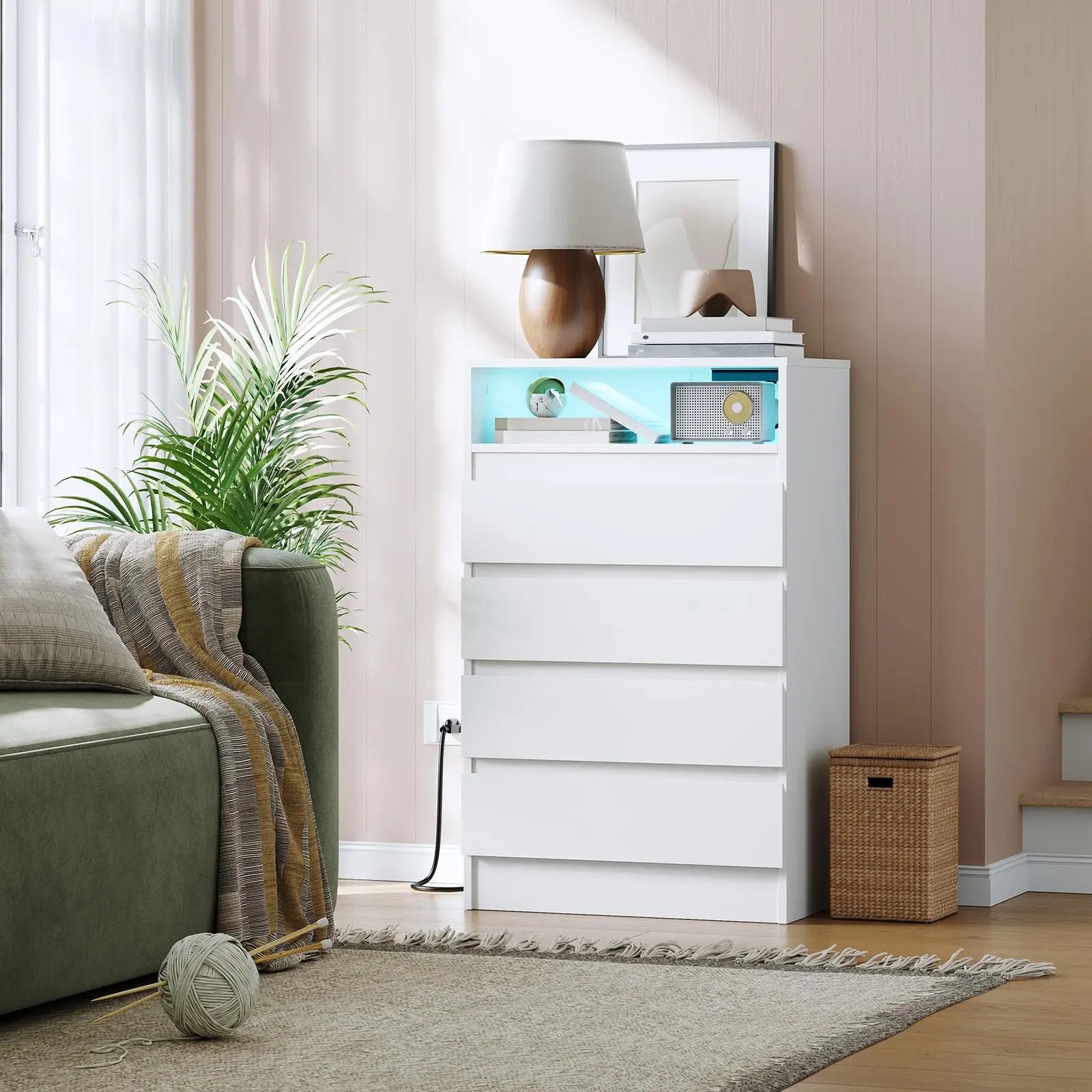 Garvee 4 Drawer Dresser with Charging Station and LED Lights, Modern Chest of Drawers with Power Outlet, Organizer Cabinet for Bedroom, Living Room, Entryway