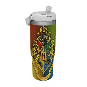 WB Harry Potter Hogwarts Full House Crest Flip Straw Tumbler 30oz Stainless Steel Vacuum Mug, Leakproof Travel Cup, Four House Color Badge Print, Wizard School Fan Gift
