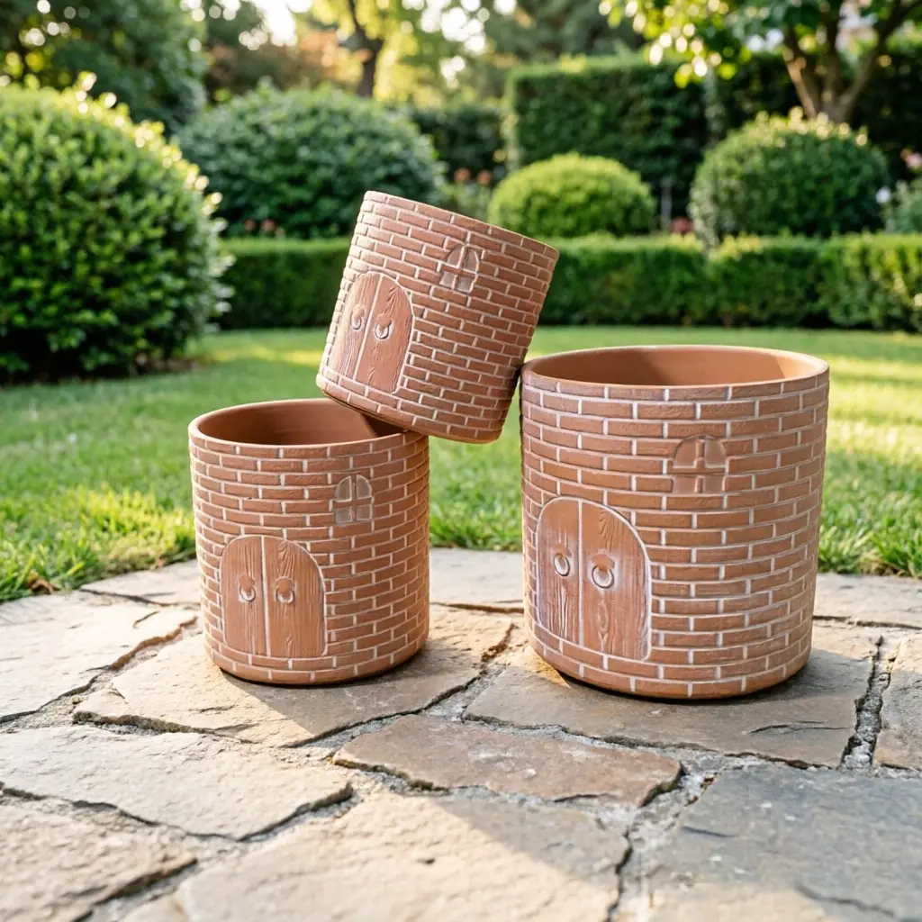 Ceramic Flower Pots Set (3/2 Pieces), Durable Multi-Use Garden Containers, Indoor Outdoor Use, Cute Brick Planters for Succulents and Flowers