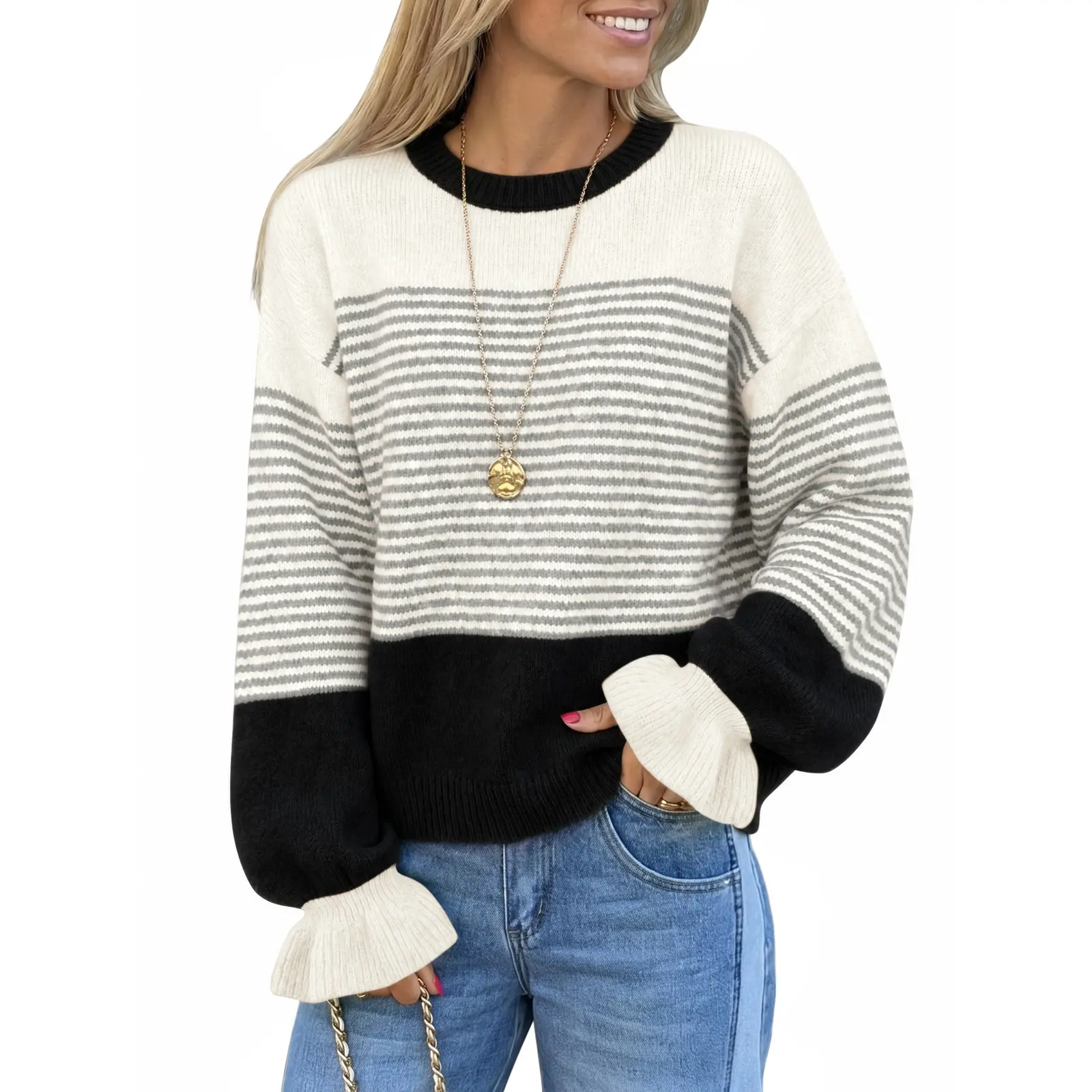 Saodimallsu Women's Striped Ruffle Long Sleeve Medium Length Knitwear Pullover - Fall Trendy Slouchy Color Block Preppy Look Round Neck Casual Machine Washable Top