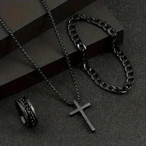 3-Piece Men's Stainless Steel Jewelry Set, Hip Hop Punk Cuban Chain Necklace, Bracelet & Ring, Unique Street Style Accessories, Perfect Valentine's Day, Christmas, Birthday & Anniversary Gift for Him