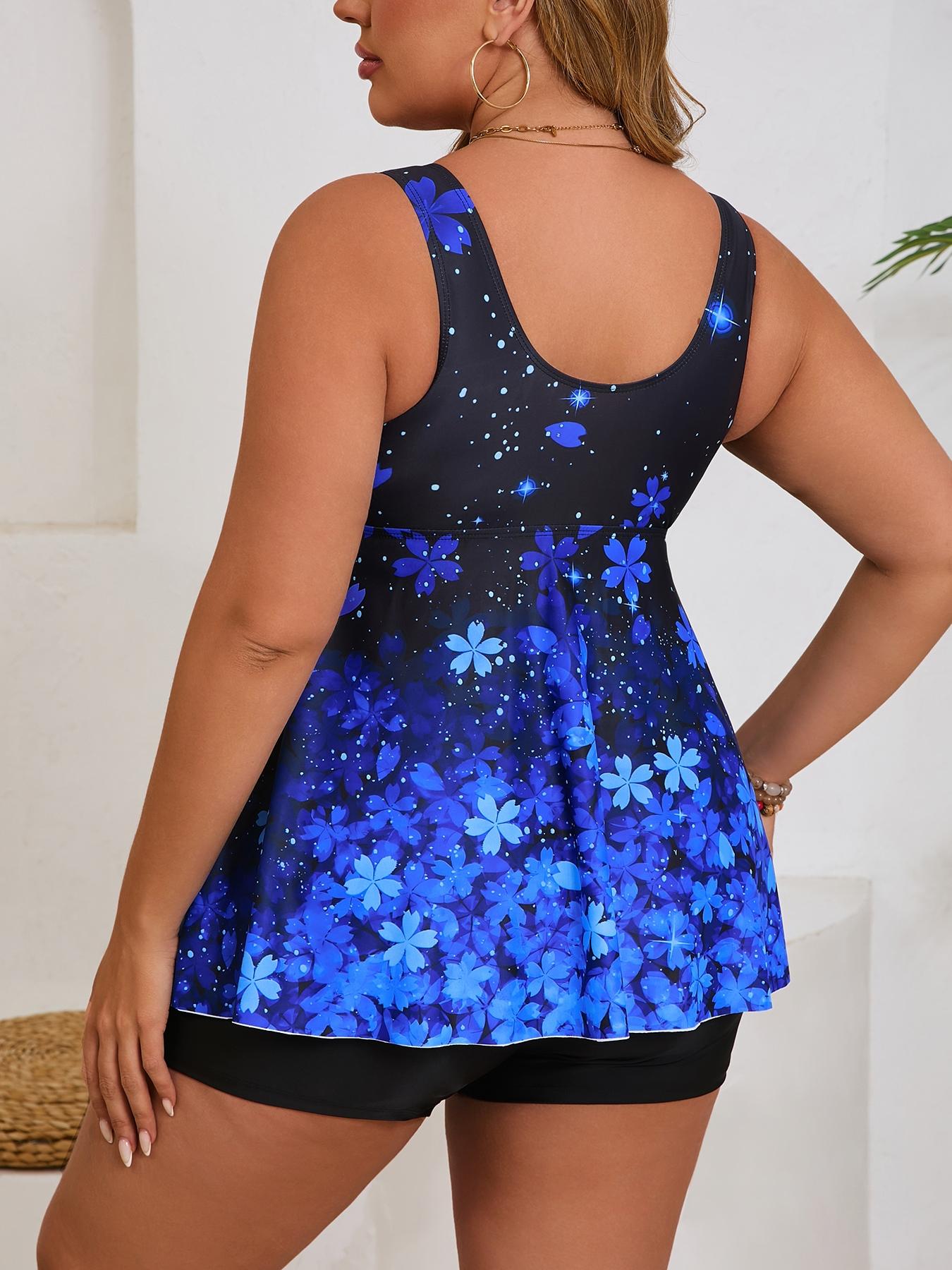 FSTVE Curve-Friendly Stretch Design for All-Day Wear Plus Size Swimsuit Pink Floral Top & Black Shorts for Pool Trips Plus Size Bathing Suit 1XL 2XL 3XL 4XL tankini-Elasticity Underwire casual round neck swim top Trendy Scallop