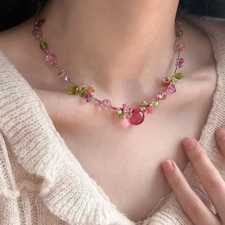 Bogadion Women's Handmade Pink-Green Mixed Crystal Beaded Choker Necklace, Irregular Stone Clavicle Chain, Cottagecore Y2K Aesthetic Daily Jewelry Gift