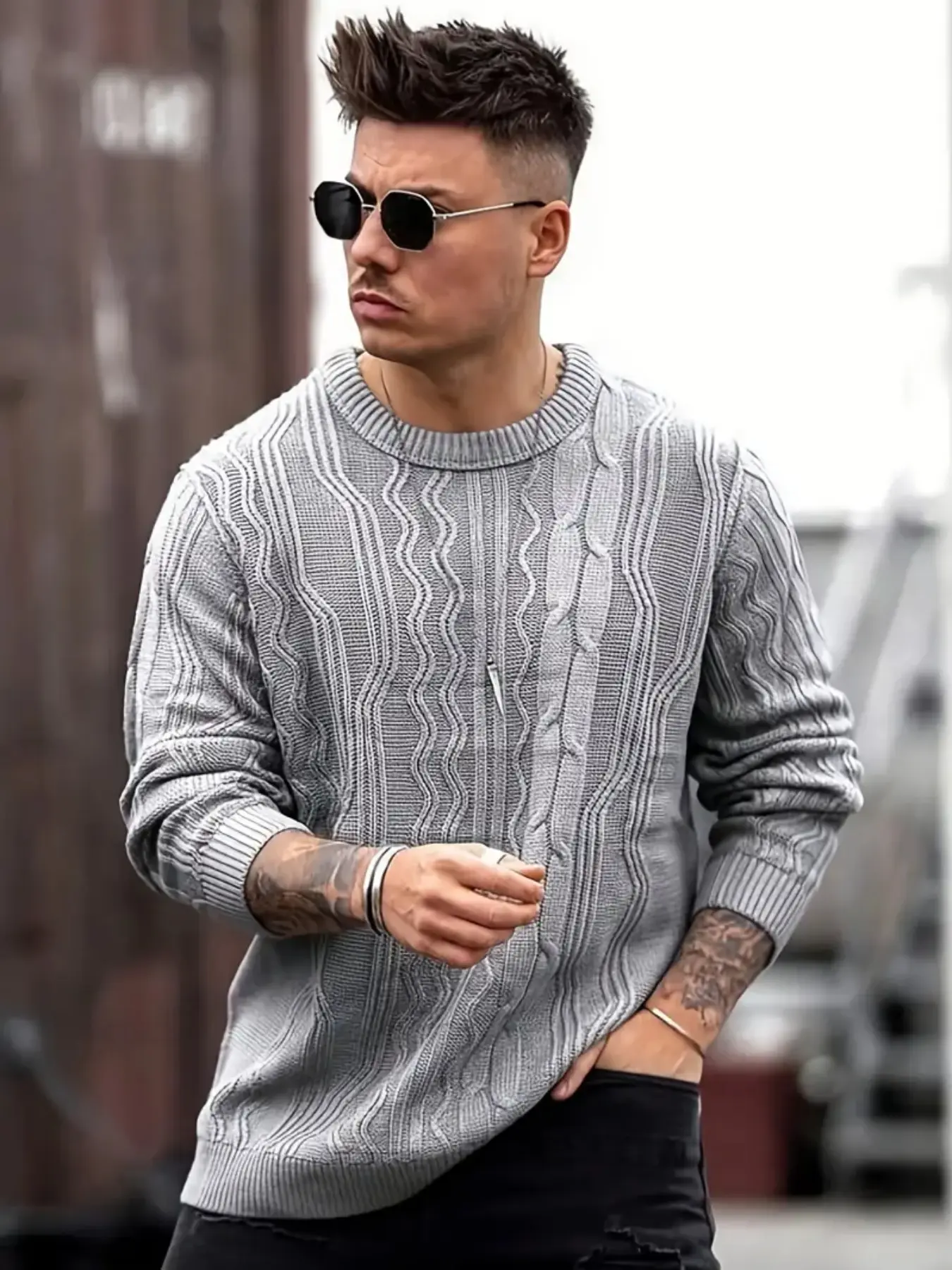 Men's Fashion Autumn Winter Knit Warm American Casual Sweater, Twisted Crochet Craft, Thick Fitted Plain Style, Fall & Winter