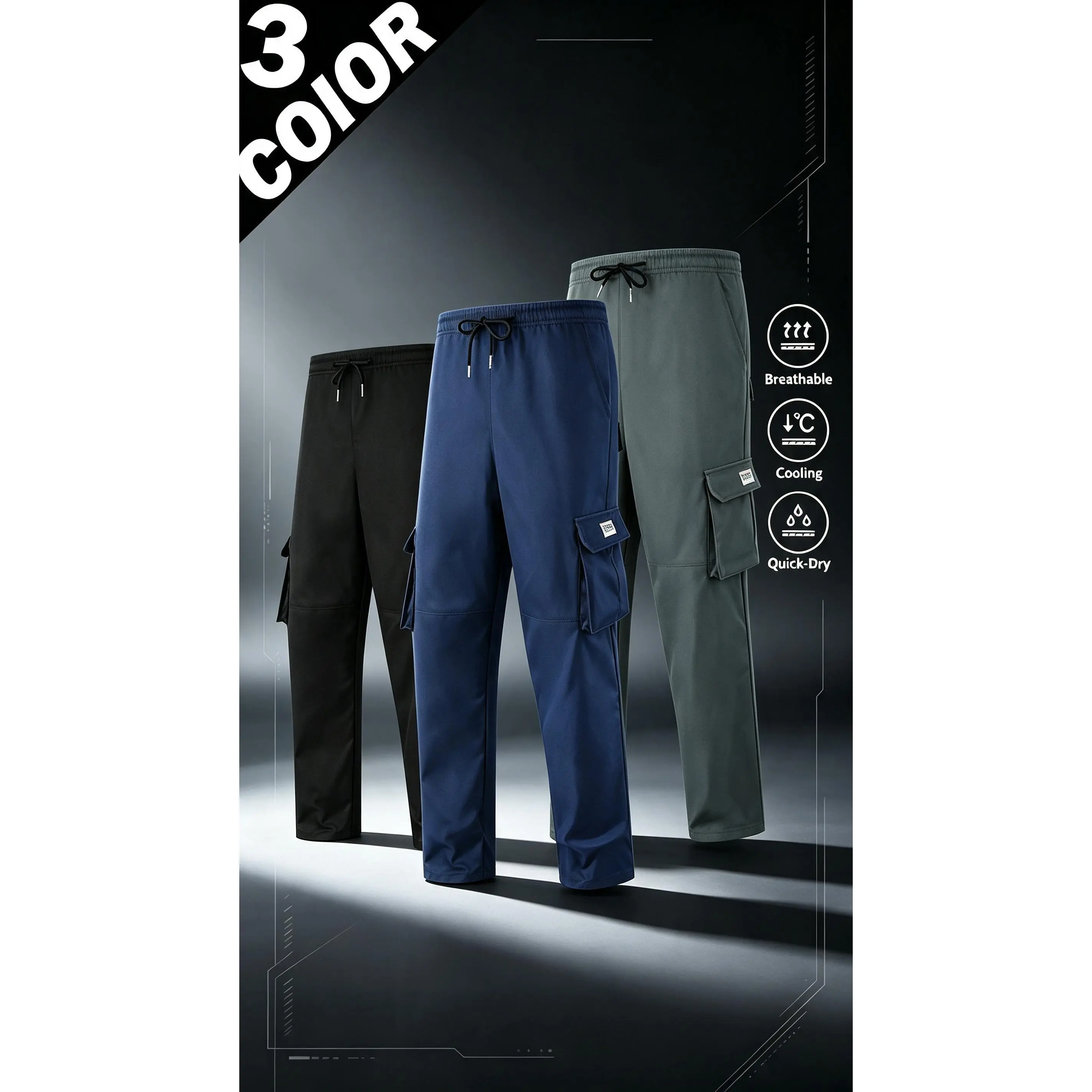 Men Quick Dry Cargo Pants Elastic Waist Multi‑Pocket Breathable Cooling Casual Work Trousers