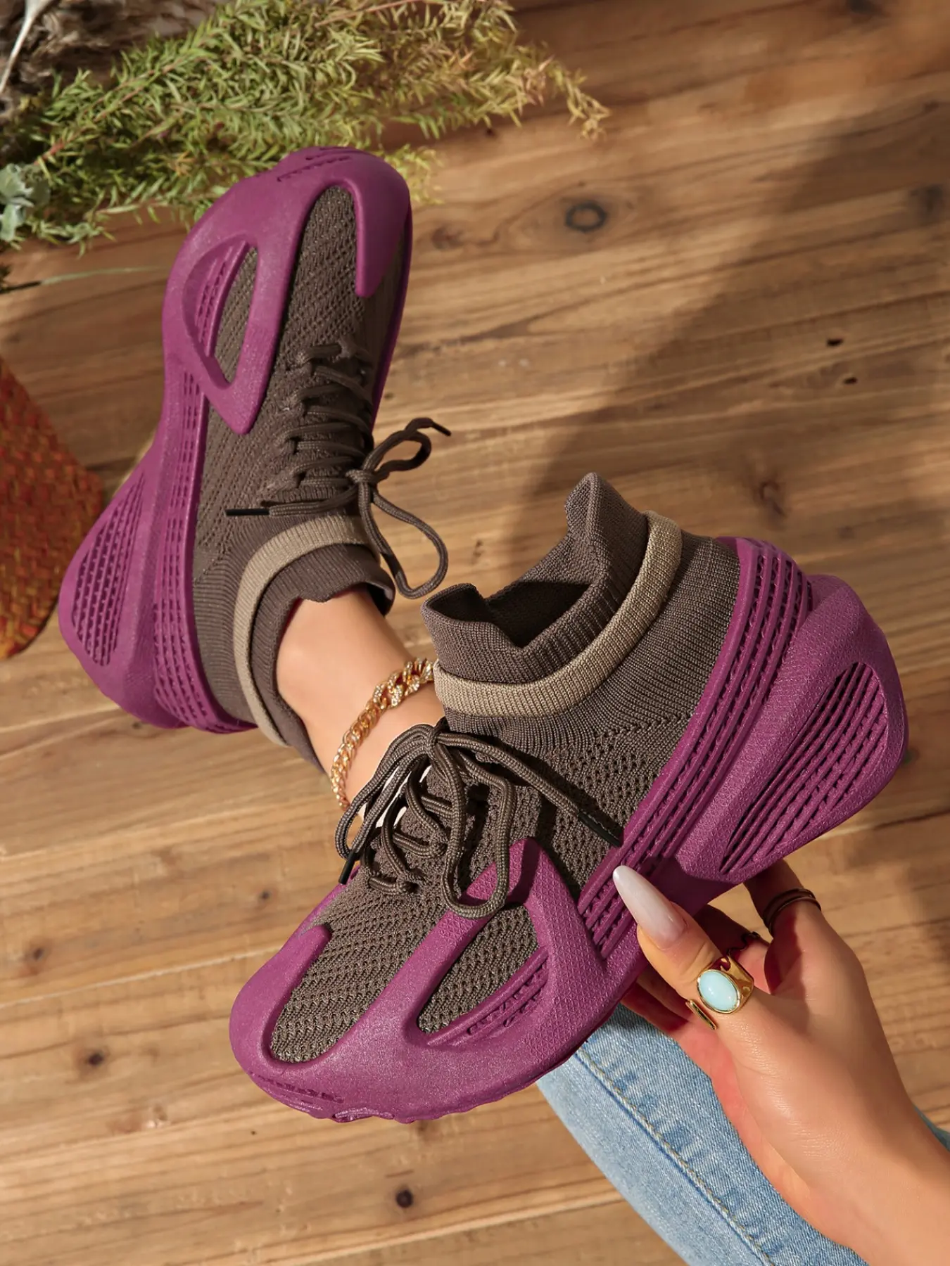 Women's Colorblock Toe Separators Ninja Shoes, Soft Sole Flyknit Sock-Like Shoes, Thick Sole Platform Sneakers, Versatile Casual Workout Shoes