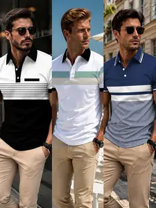 Men's Casual Short Sleeve Polo Shirts 3-Pack Set, Classic Striped Series, Suitable for Sports and Leisure, Comfortable and Stylish