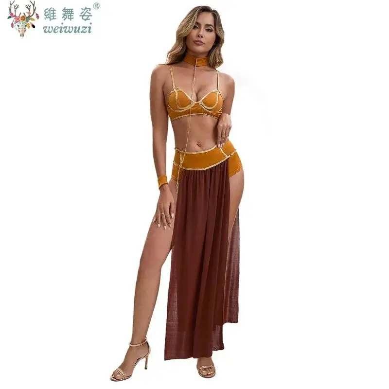 Women's Egyptian Queen Costume, 3-Piece Fitted Halloween Party Outfit with Bra Top, Shorts & Maxi Dress, Sizes S-3XL