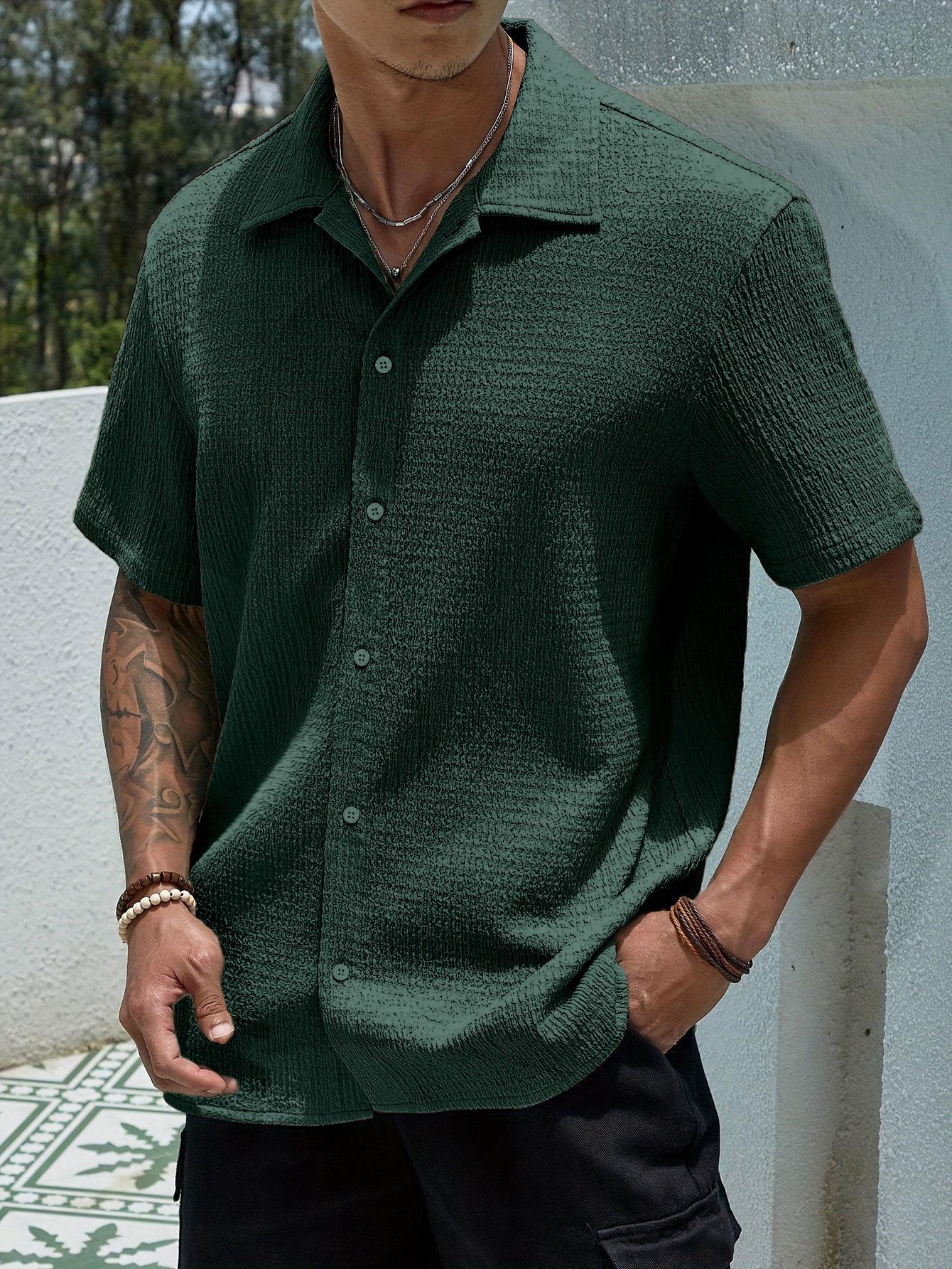 Men's Textured Button Front Shirt, Casual Regular Fit Short Sleeve Collared Top for Summer, Summer Leisure Top 2026, National Day Clothing, Men's Clothes for Daily Wear