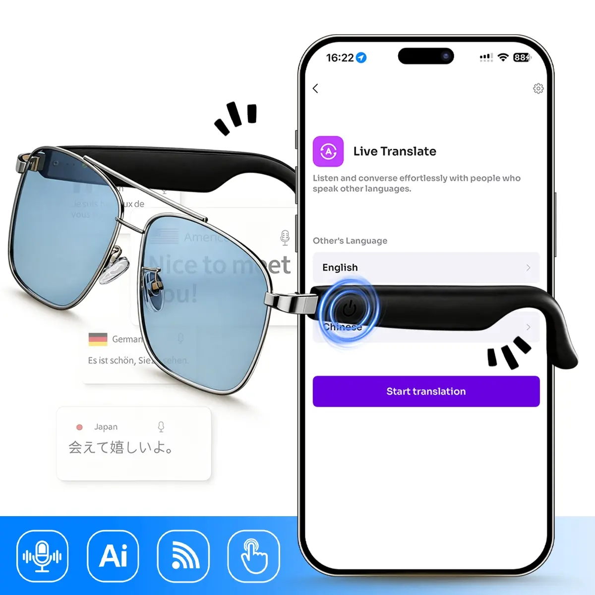 AI Smart Glasses  with Real-Time Translation, Bluetooth Audio Sunglasses with Touch Control & UV Protection, Hands-Free Calls & Voice Assistant, Long Lasting Battery, Suitable for Men & Women Travel Business Driving Outdoor Daily Use