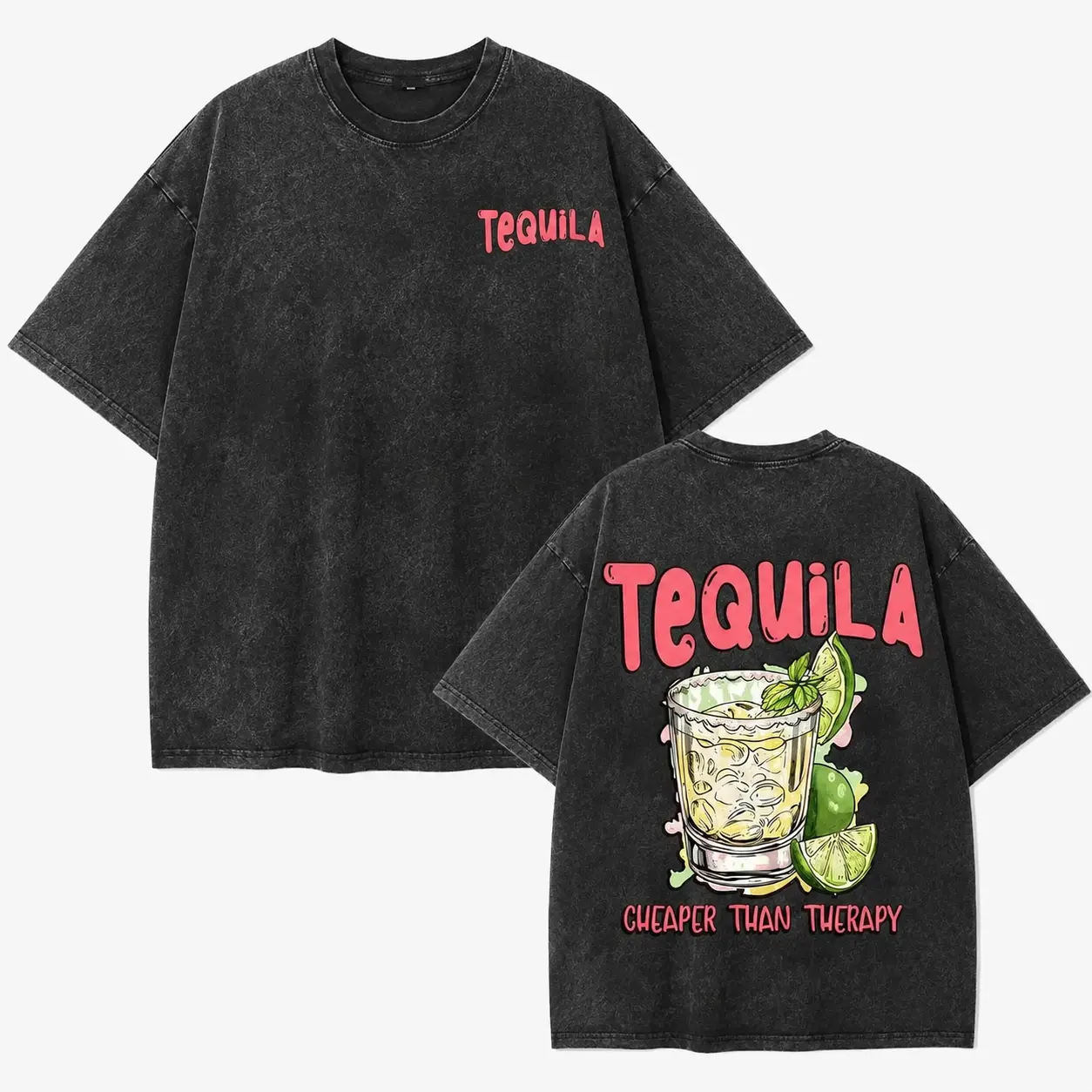 Vintage Tequila T-Shirt, Tequila Cheaper Than Therapy Washed Gray Oversized Short Sleeve Tee, Retro Funny Alcohol Graphic Casual Crewneck Shirt for Party Lovers