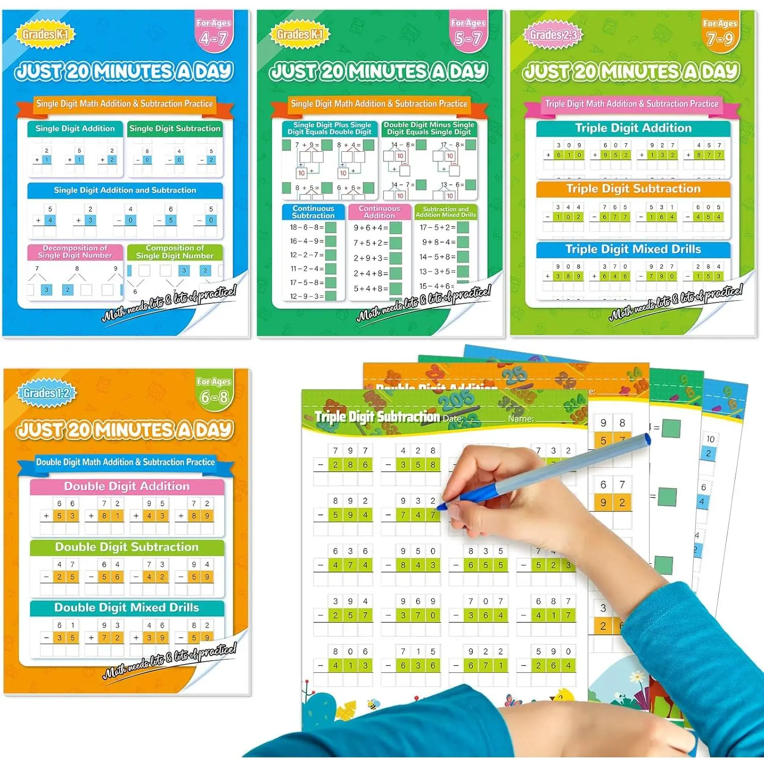 4Pack  224 Pages Addition and Subtraction Workbook, Single Double & Triple Digit Math Worksheets for  to 3rd Grade, Addition&Subtraction Worksheet for Daily Exercise,  to School Supplies