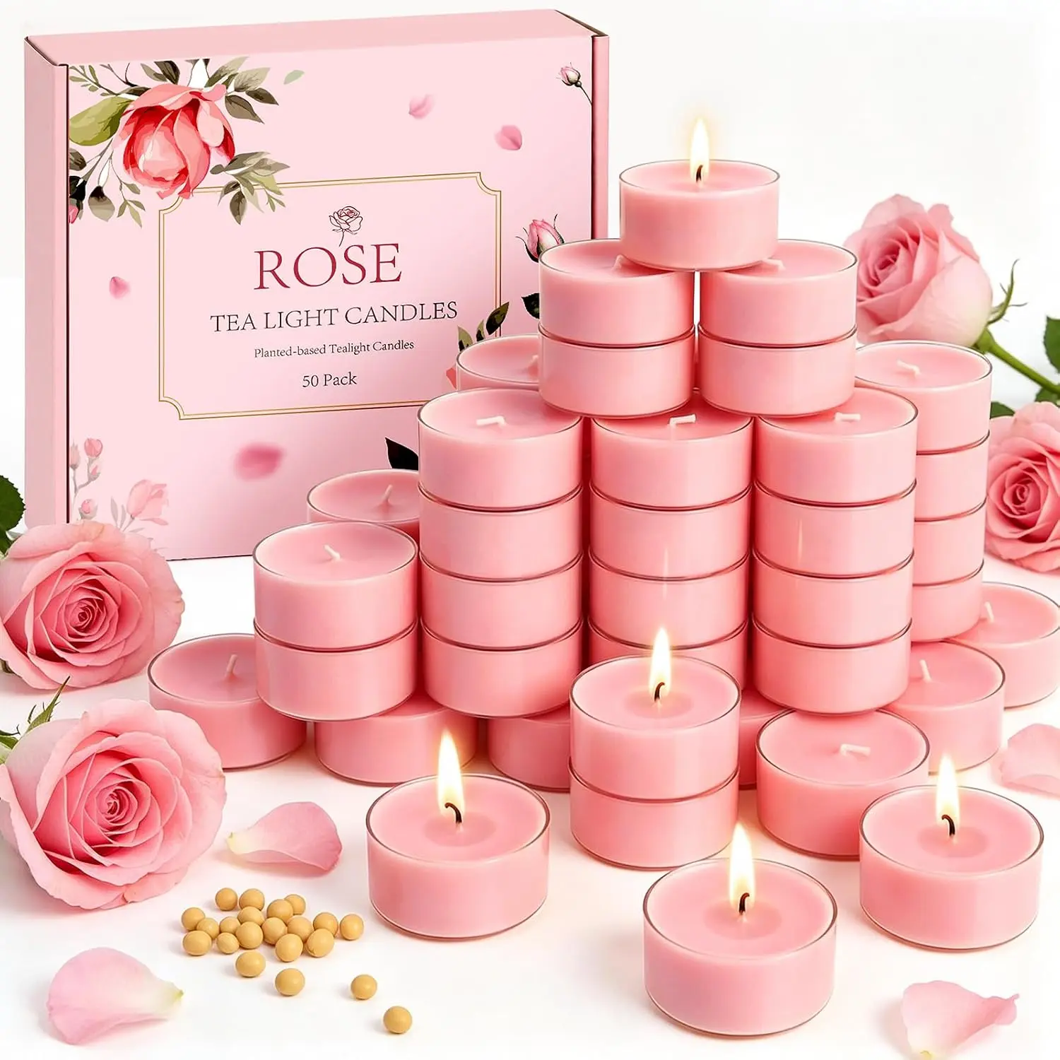 Rose Scented  Light Candles 50 Pack  Soy Wax Tealight Candles |   Lights Mini Votive Bulk with Up to 4 Hours Clean  for Wedding Centerpieces    Decor Proposal