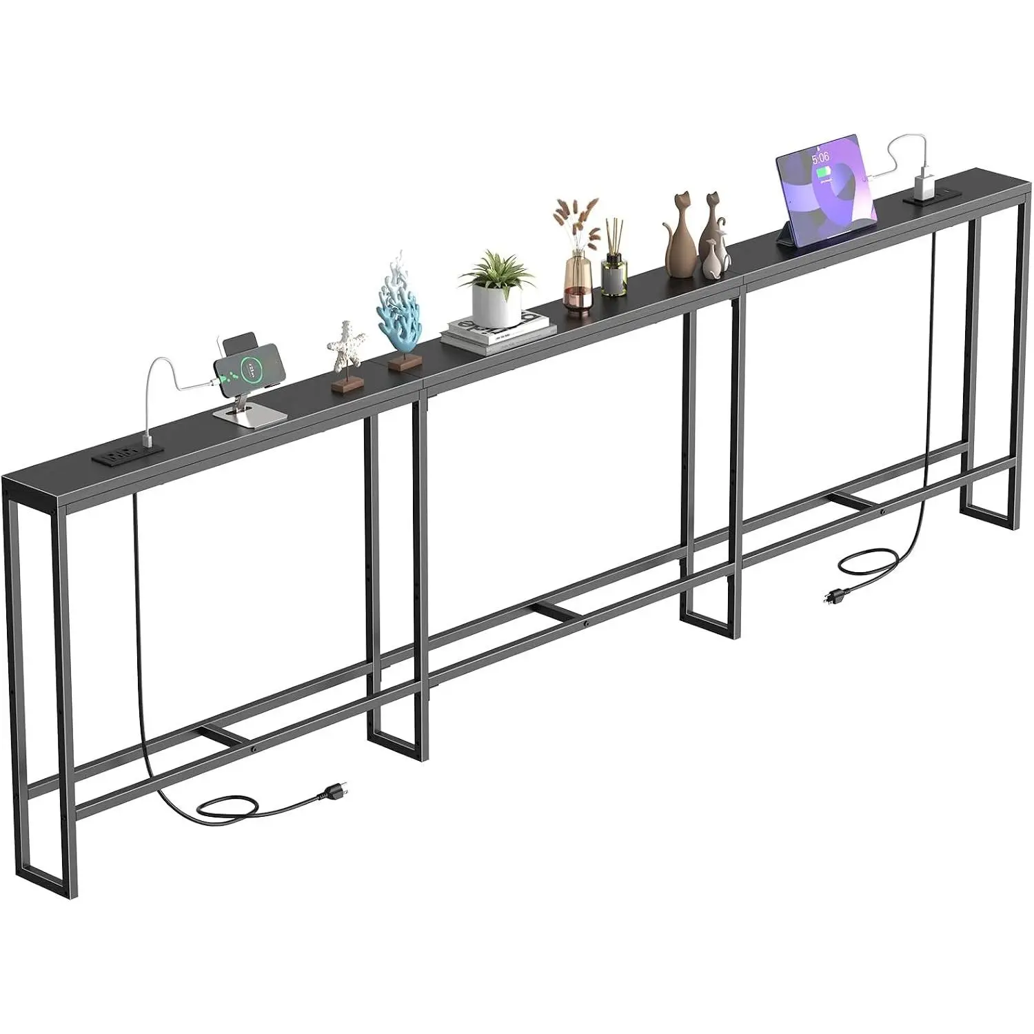 102 Inch Extra-Long Narrow Console Table with Charging Station (2 Outlets + USB-C), Sofa Table,Behind Couch Table with 3-Tier Storage Shelves for Entryway & Small Spaces (Black)