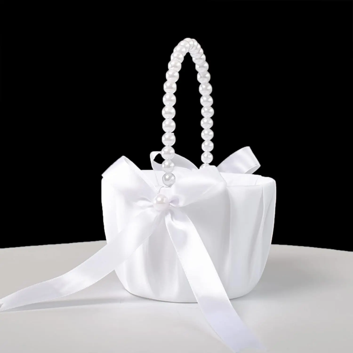 Wedding Flower Girl Baskets with  Handle, Satin Bowknot Flower Baskets for Flower Girl  Collection, White