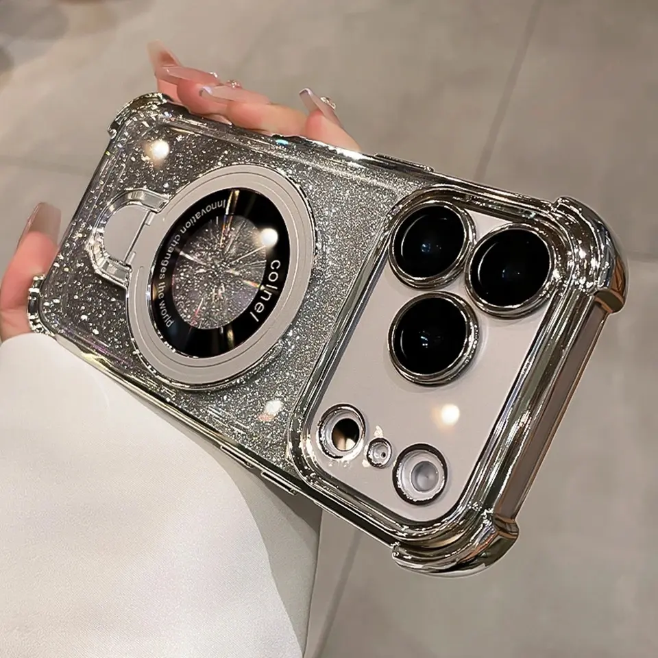 Multi-Model Bling Glitter MagSafe Magnetic Silicone Case with Integrated Stand - Camera Protection Shell for iPhone Series (11,12,13,14,14 Plus,15,15 Plus,16 Pro Max,17 Air) - Mobile Electronics Accessory
