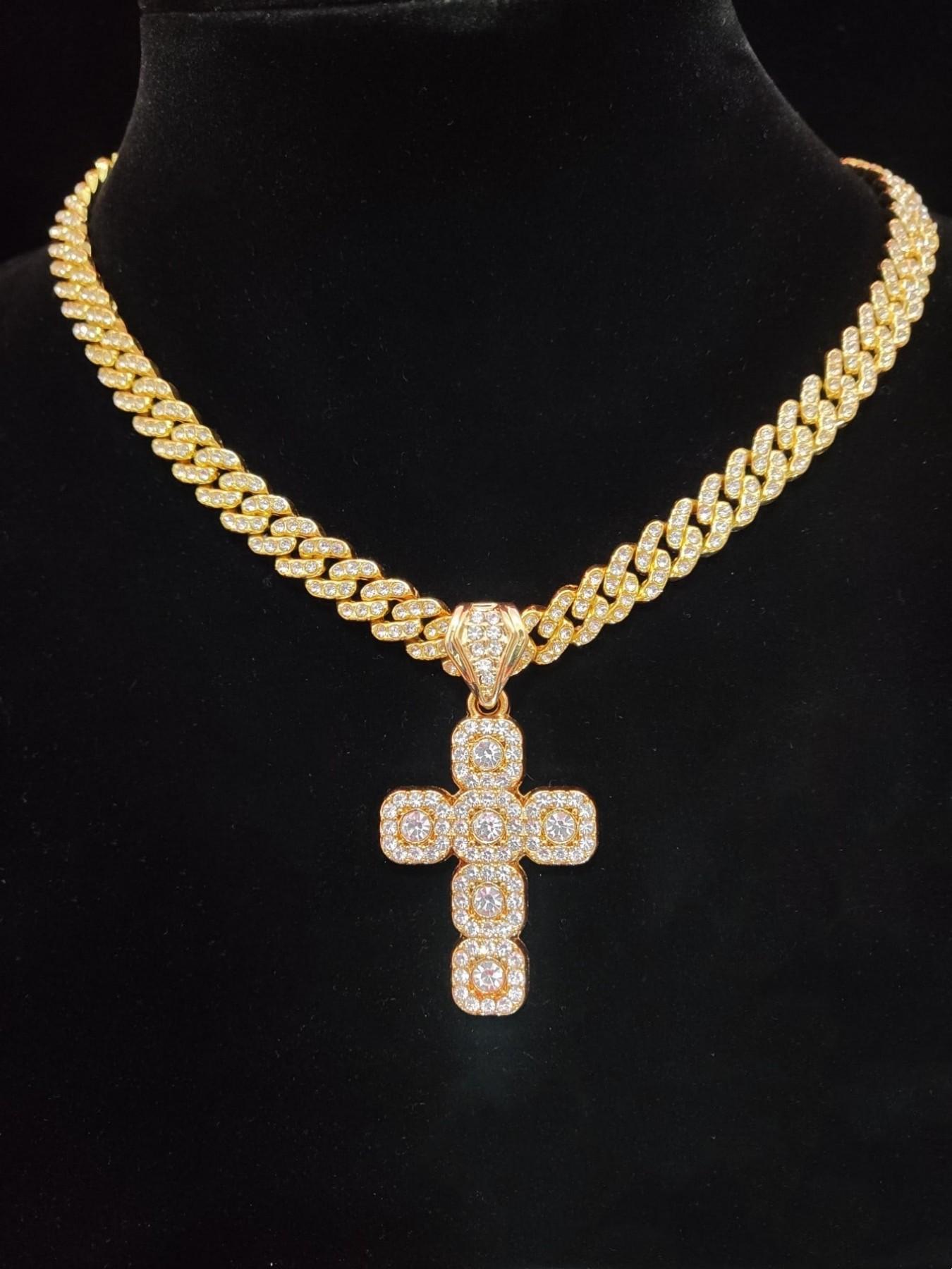 Hip Hop Artificial Diamond Cross Pendant Necklace As Gift, Elegant Rhinestone Necklace, Rhinestone Cuban Chain Link Necklace for Men Women, Streetwear Matching Chunky Rhinestone Decorated Jewelry for Daily, Cuban Link Design