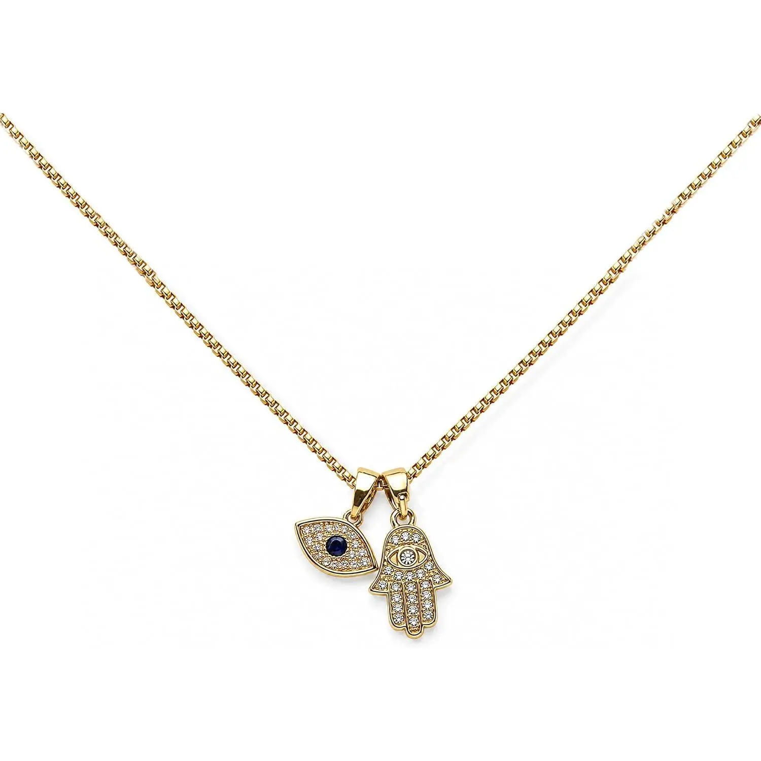 Hamsa Evil Eye Necklace for Women, 14K Gold Plated Double Pendant Necklace with Cubic Zirconia, Dainty Gold Box Chain Necklace, Adjustable 18"+2" Jewelry Gift for Women