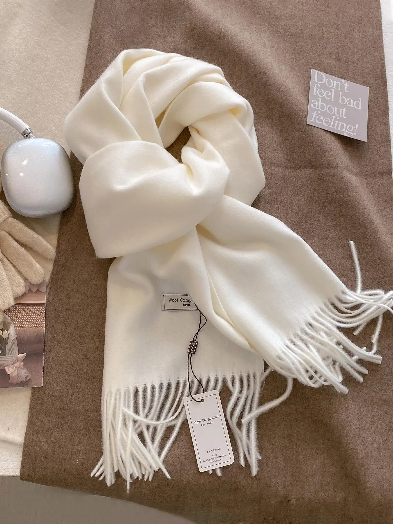 Solid Color Tassel Decor Letter Patched Scarf, Fluffy Soft Scarf, Casual Warm Fringe Trim Shawl for Women & Men, Fashion Accessories for Daily Wear, Dainty Gift for Partner, Textured Blanket Scarf, Trendy Solid Shawl, Decorative Scarf