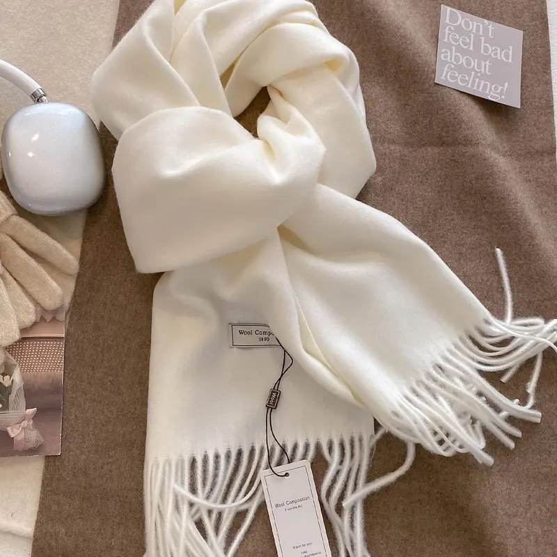 Solid Color Tassel Decor Letter Patched Scarf, Fluffy Soft Scarf, Casual Fashionable Scarf, Casual Warm Fringe Trim Shawl for Women & Men, Fashion Accessories for Daily Wear, Dainty Gift for Partner, Textured Blanket Scarf, Trendy Solid Shawl