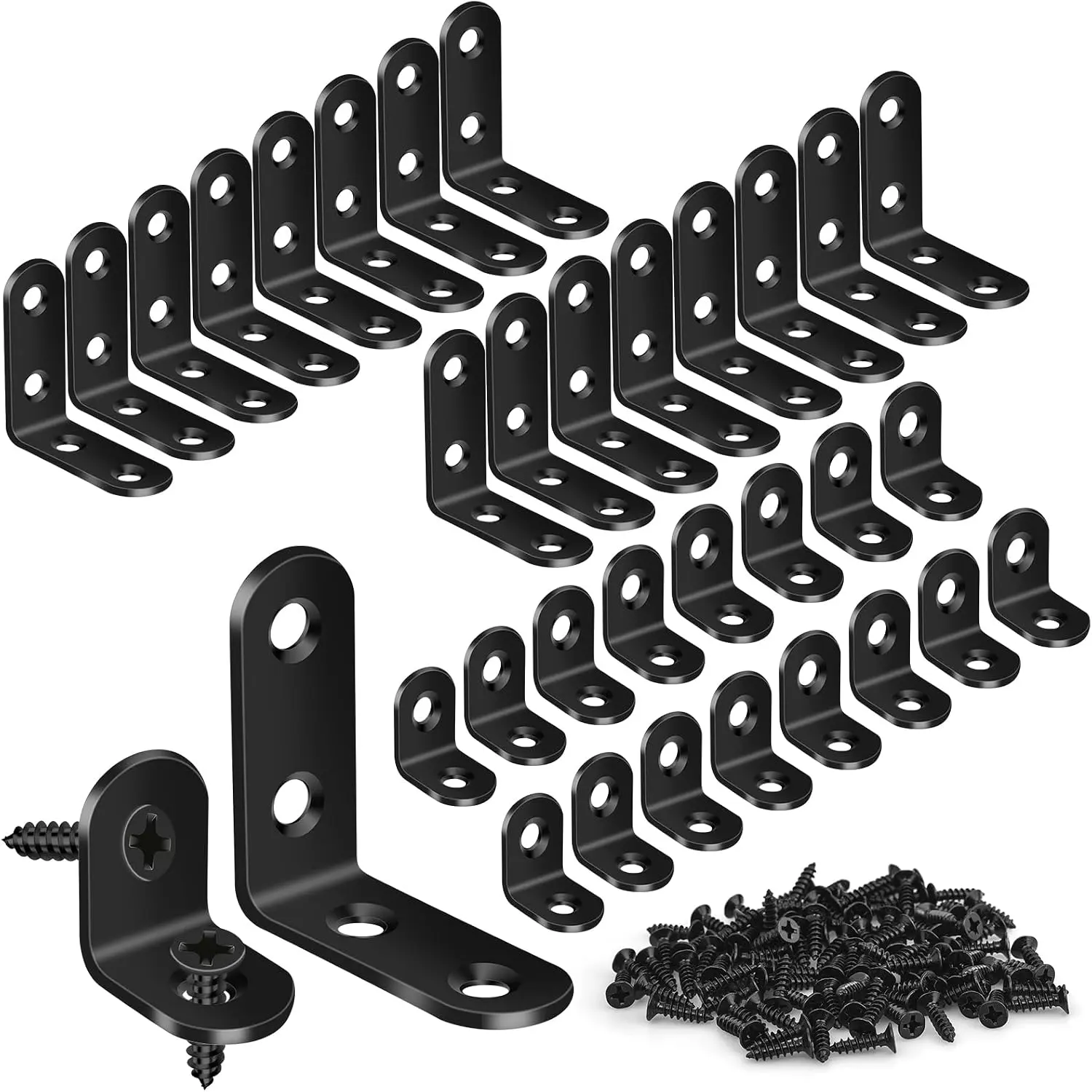 32 count L Corner Brackets,  Black Heavy Duty L Brackets for Shelves with 100 count Screws, Metal Right Angle Shelf Bracket, Metal Corner Brace for  Furniture (1.57x1.57in/0.79x0.79in)