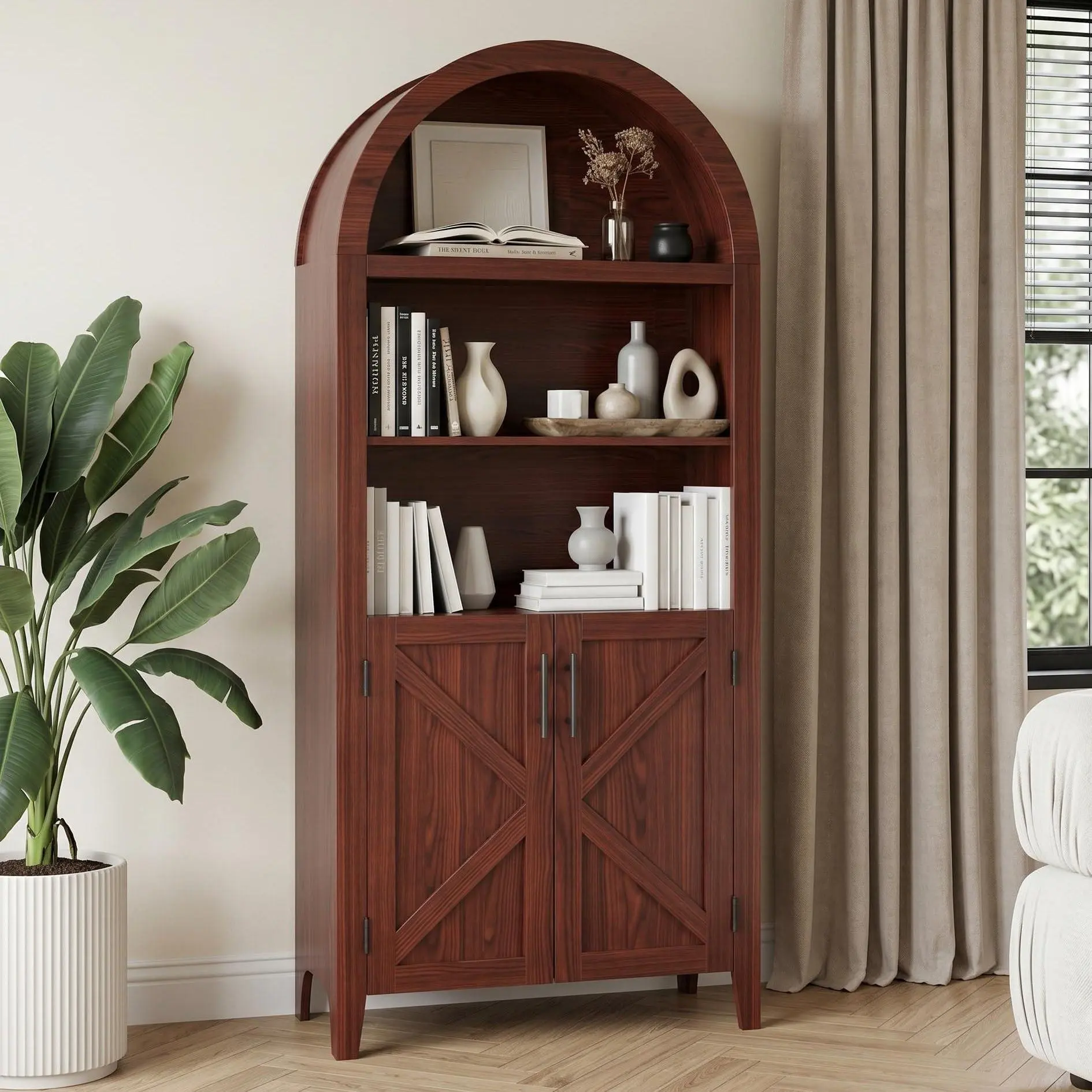 Arched 5-Tier Office Bookcase Cabinet with Doors – Adjustable Shelves – Freestanding Wooden Storage for Kitchen, Living Room, or Dining Room – Modern Display Unit – Black/Natural/Walnut