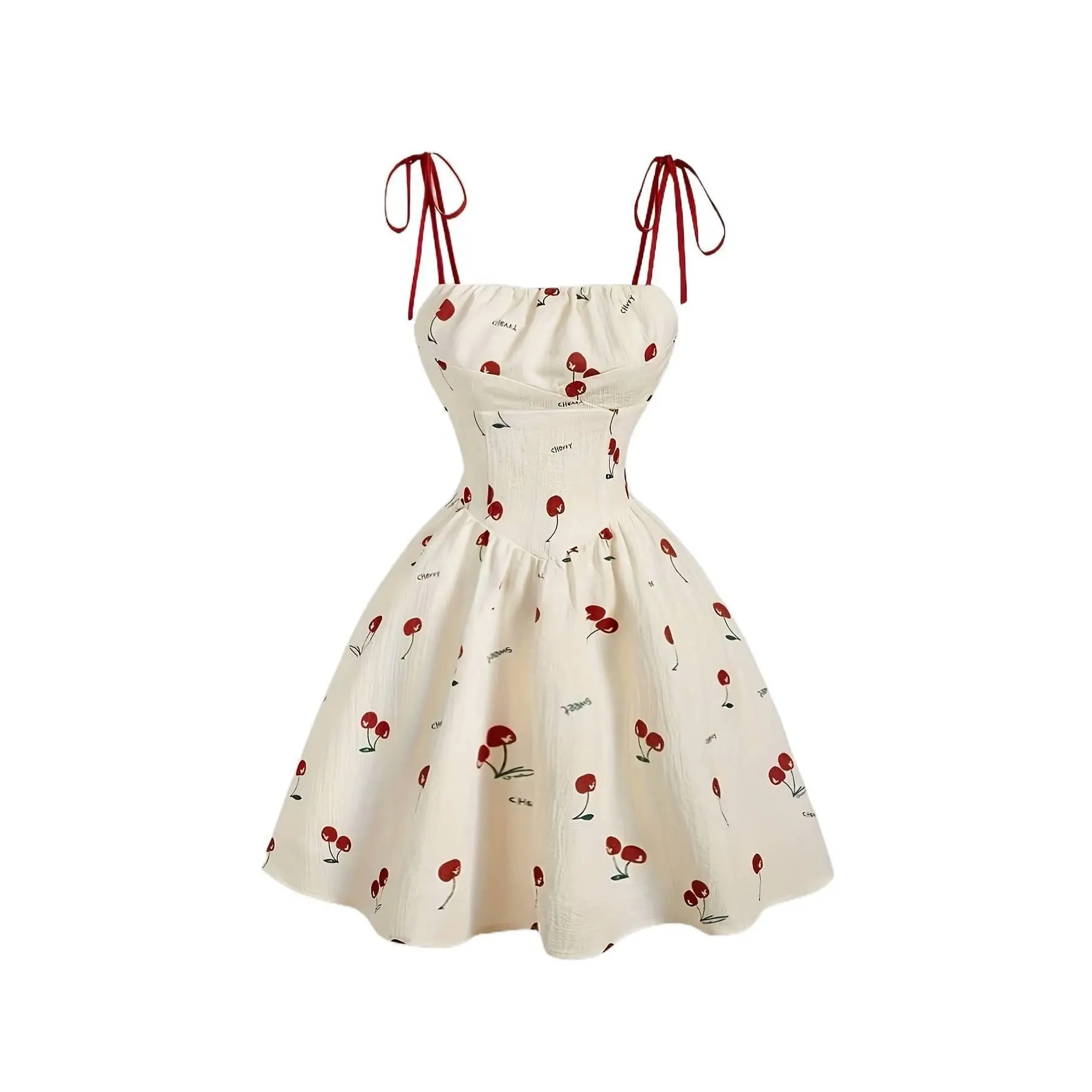 Women's Cute Casual Wear Sleeveless Cami Midi Dress - Elegant Small Cherry Print, Ideal for Brunch, Garden Party (For Ladies)