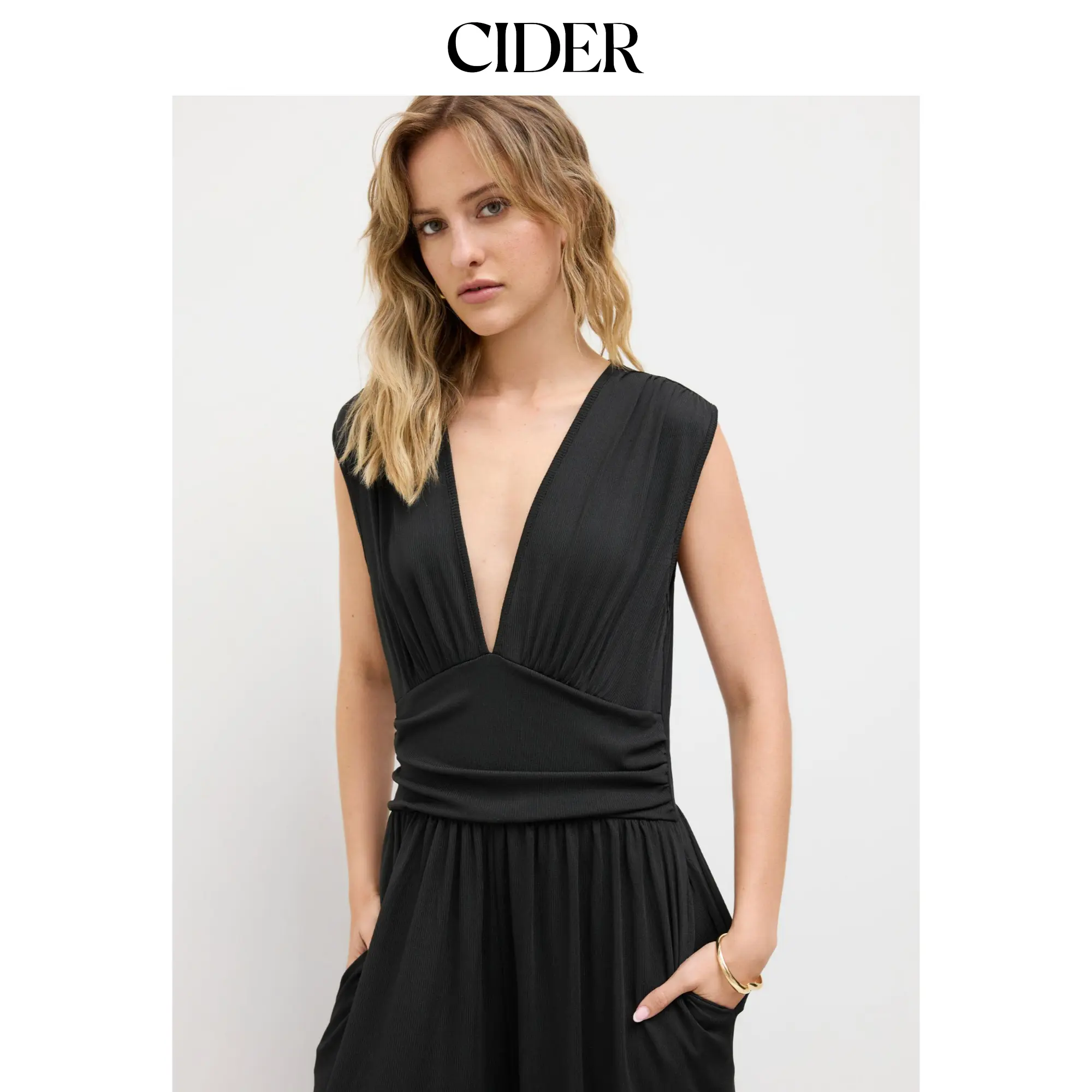 Women's Minimalist Sleeveless V-neck Ruched Solid Wide Leg Jumpsuit 