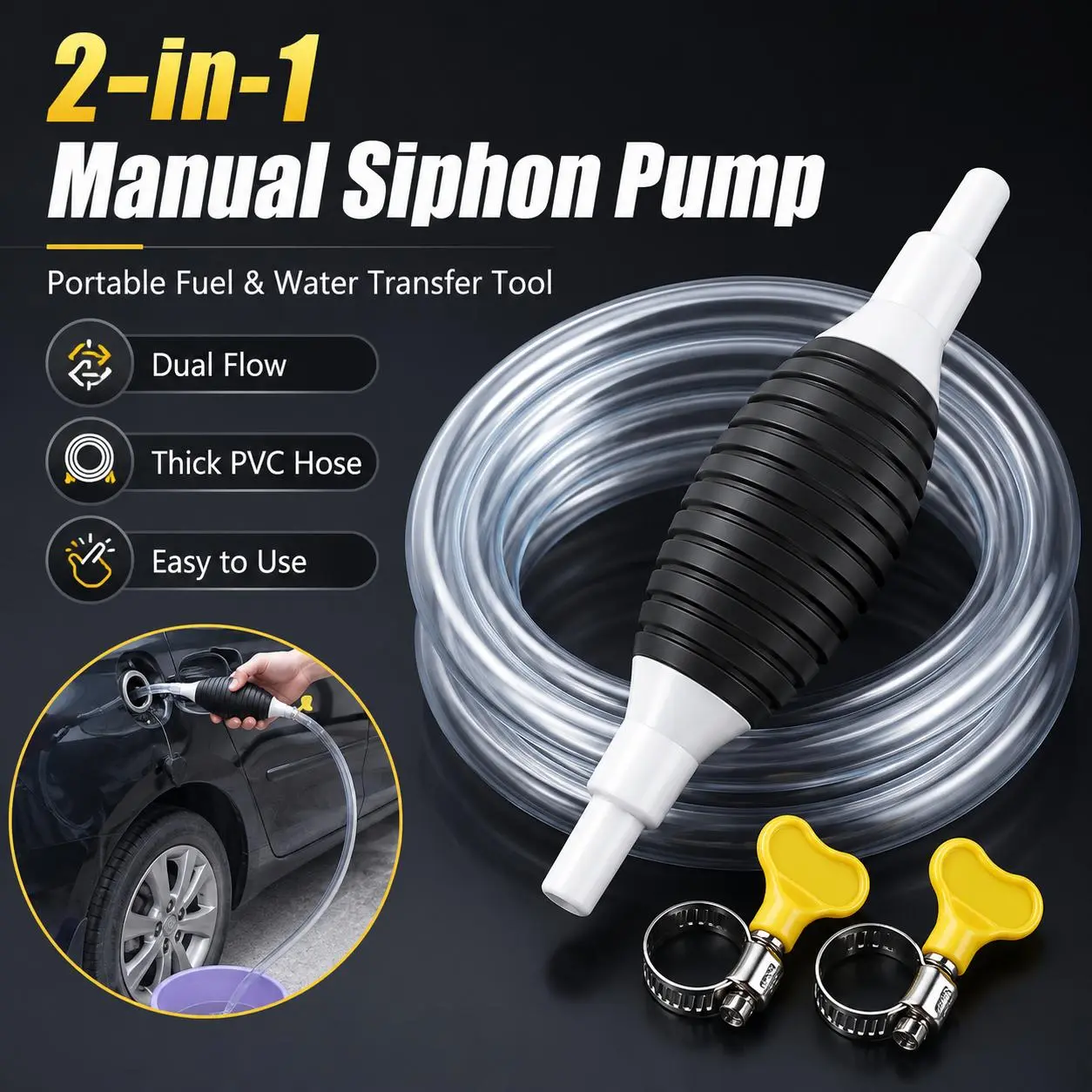 Portable Dual Flow Hand Siphon Pump 2 in 1 Multifunctional Design with Shut-off Valve, Practical Liquid Transfer Supply for Efficient Fuel and Water Extraction and Delivery
