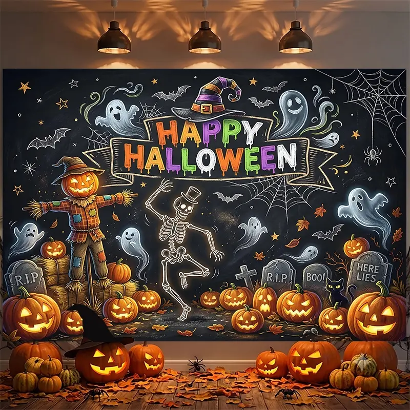 Glowing Skeleton, Pumpkin Scarecrow, Ghost Bat, Tombstone Spider Web Pattern Halloween Backdrop, Photography Background, Photo Booth Background, Party Backdrop, Video Background, Studio Backdrop, Haunted House Backdrop, Perfect for Halloween Party Decor,