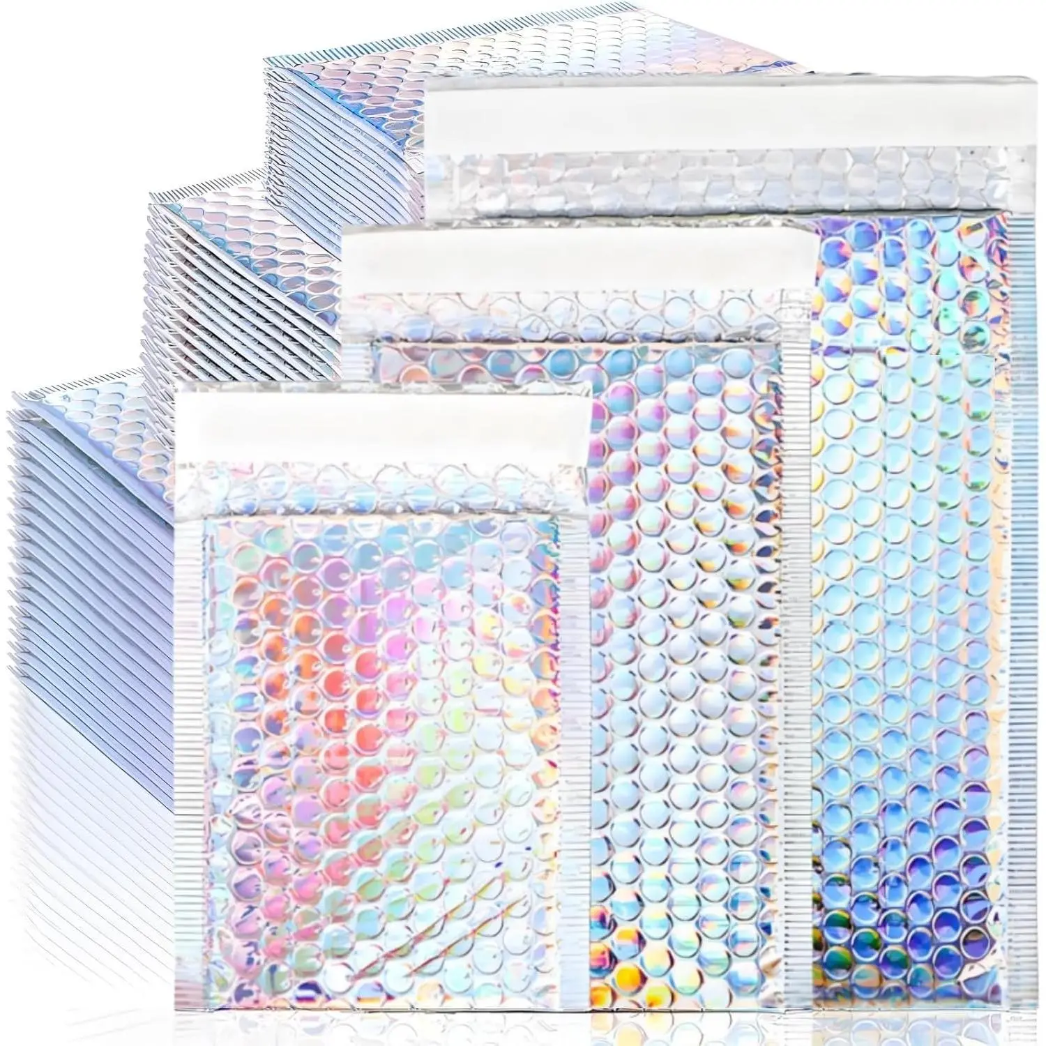 Metallic Bubble Mailers, 50 Pieces, 3 Sizes, Self-Seal | Holographic Poly Padded Envelopes, Waterproof Bubble Shipping Envelopes for Mailing, Packing, Small Business
