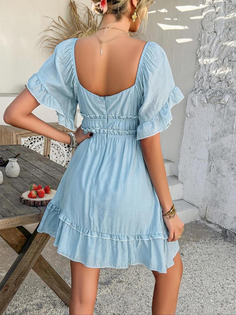 Women's Plain Dress, Casual Boho Ruffle Hem Chic Fashion Short Sleeve Dress for Summer, Ladies Clothes for Beach Holiday, Shortsleeve Womenswear