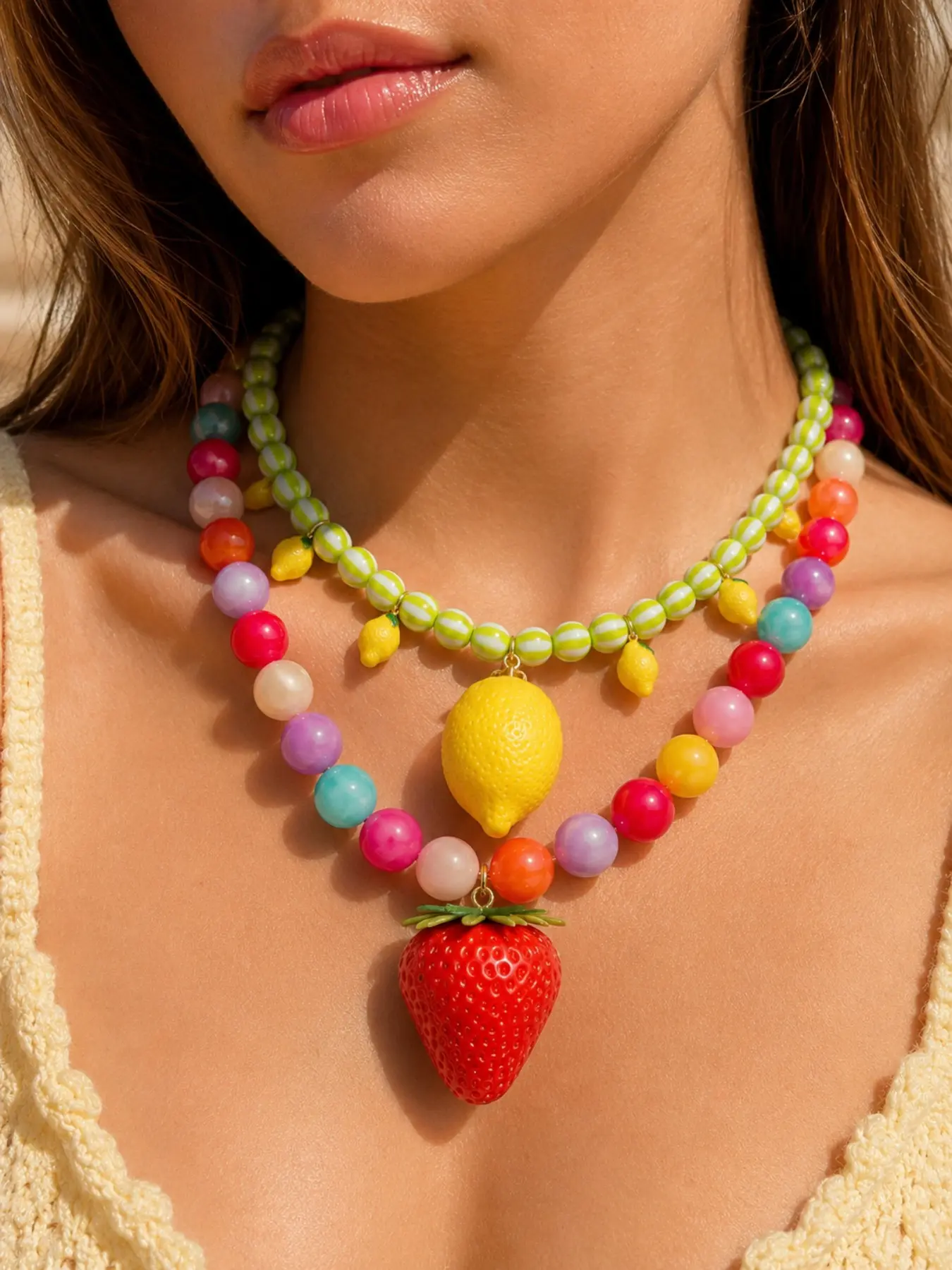 1PC Fruit Pendant Necklace, Lemon or Strawberry Charm Necklace, Chunky Beaded Statement Necklace, Colorful Summer Jewelry, Beach Vacation Accessory, Back to School Style, Wedding Guest Jewelry, Bridesmaid Gift, Holiday Gift for Her