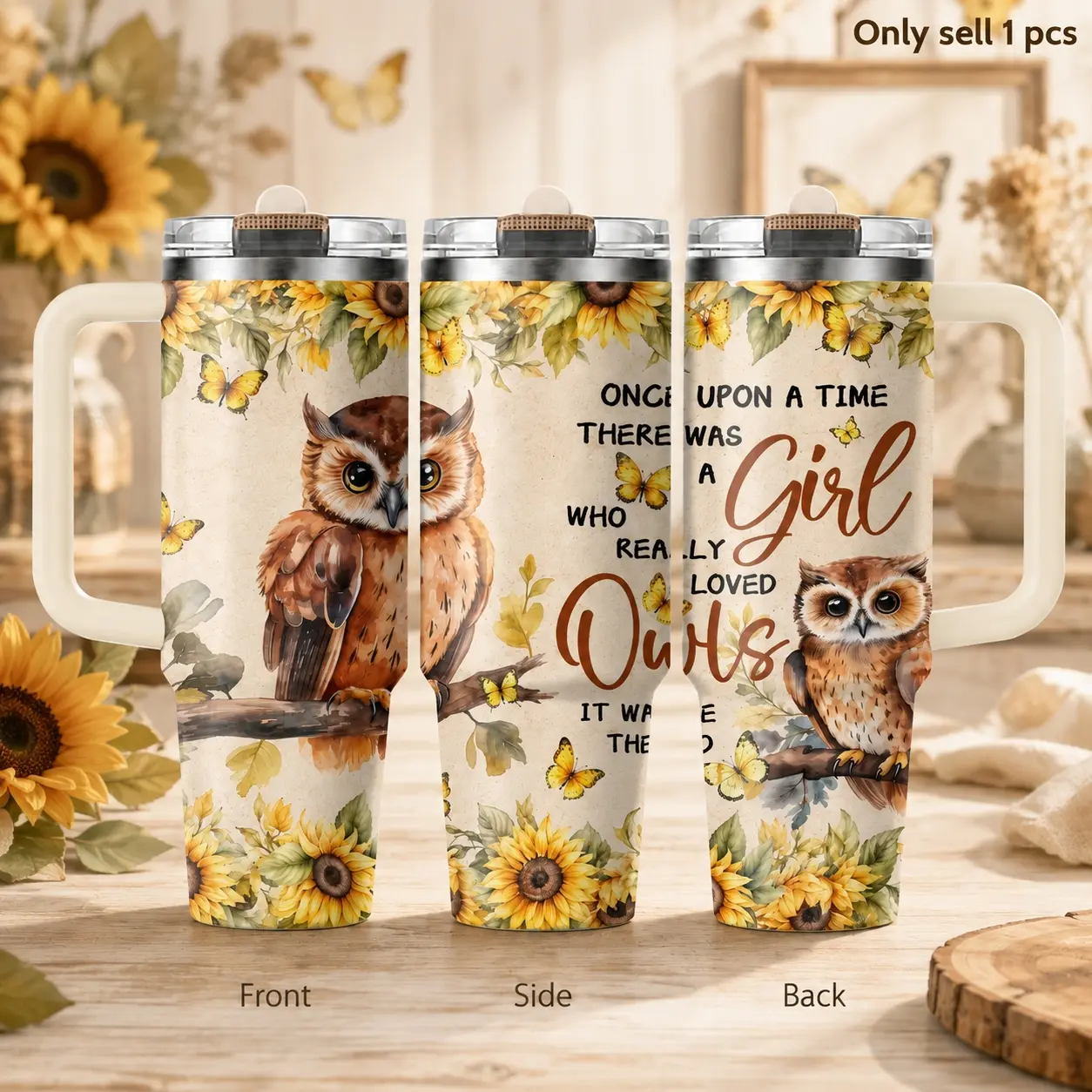 Owl Sunflower Girl 40oz Tumbler – Cute Nature Stainless Steel Insulated Travel Mug with Handle & Flip Straw Lid for Coffee, Water, School, Office, Gym, Owl Lover Gift Thermal Mug