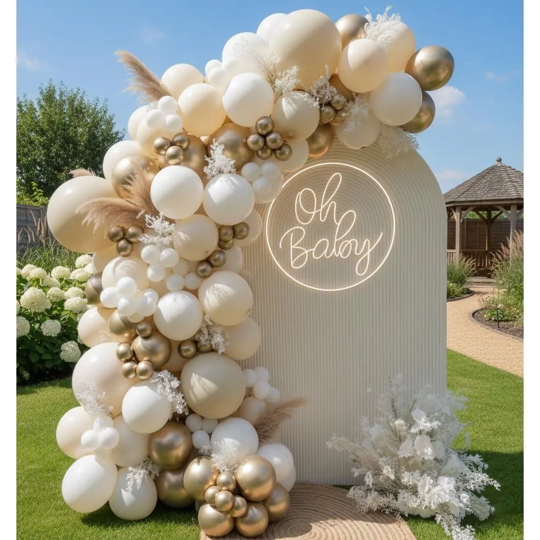 Sand White Gold Balloon Arch Kit, 140Pcs Beige Nude White Balloon with Metallic Gold Balloon Garland Kit for Boho Birthday Wedding Shower Bridal Shower Engagement Prom Party Decorations