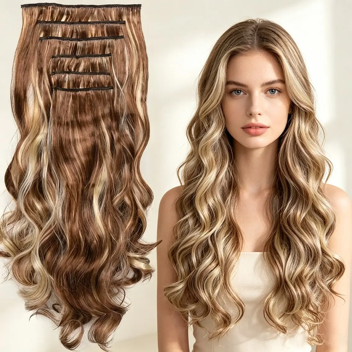 6 Piece Clip-In Hair Extensions, Seamless Invisible Hair Pieces, Full Head Volume Boost, High Heat Resistant Silk Wigs, Realistic Hairpieces