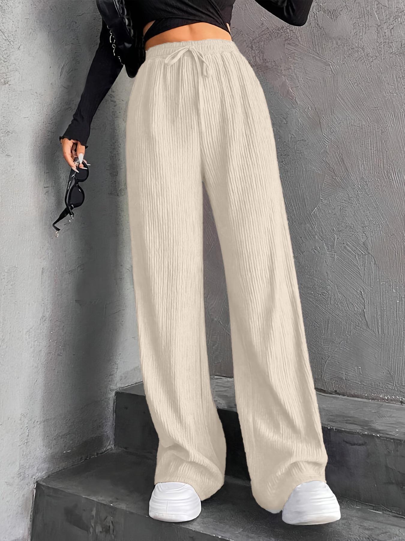Women's Textured Tie Front Elastic Waist Straight Leg Pants, Casual Comfy Trousers for Daily Wear, Ladies Bottoms for All Seasons