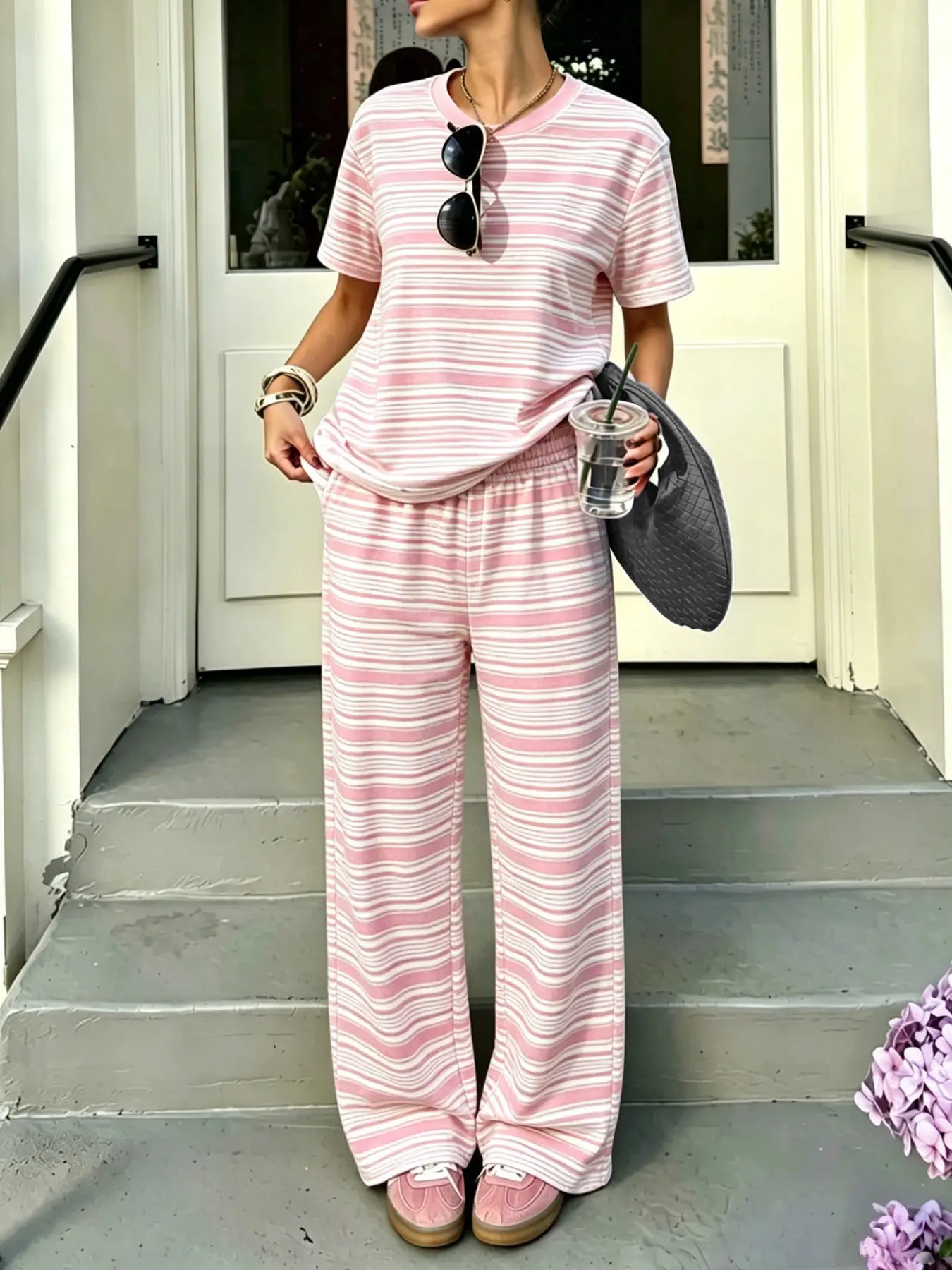 Women's Striped Casual Set, Round Neck Oversized Loose Short Sleeve T-Shirt + Baggy Straight Leg Pants, Soft Korean Style, All Season Wear