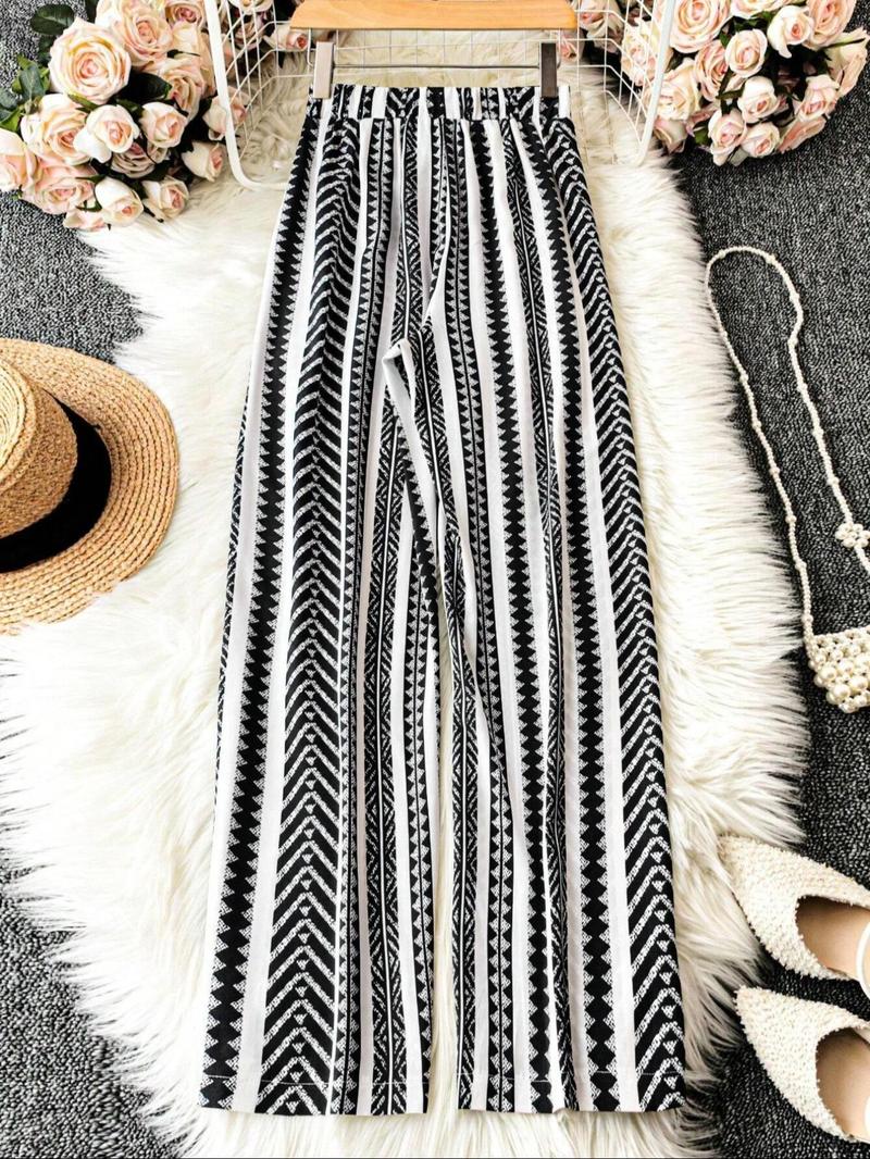 Women's All Over Print Tie Waist Wide Leg Pants, Boho Casual Comfy Trousers for Daily Holiday Vacation Wear, Women's Bottoms for Summer, Bohemian Street Trousers