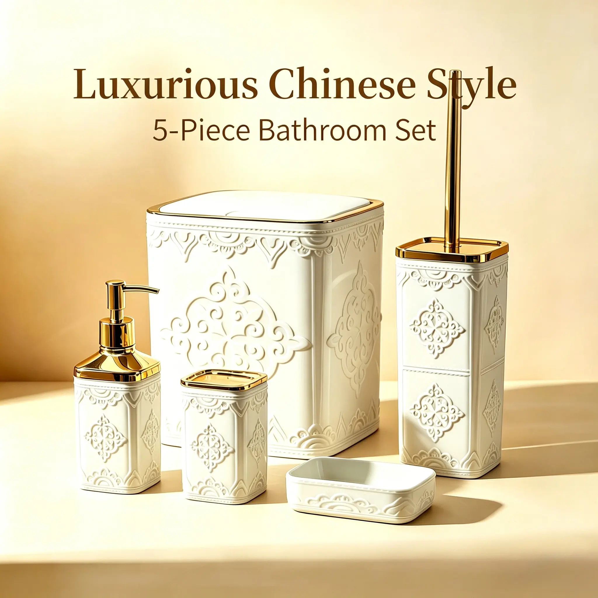 Luxury Gold Trim Five-Piece Bathroom Set, Bathroom Accessory Set, Includes Trash Can, Soap Dish, Toothbrush Holder, Toilet Brush, Modern Bathroom Decor