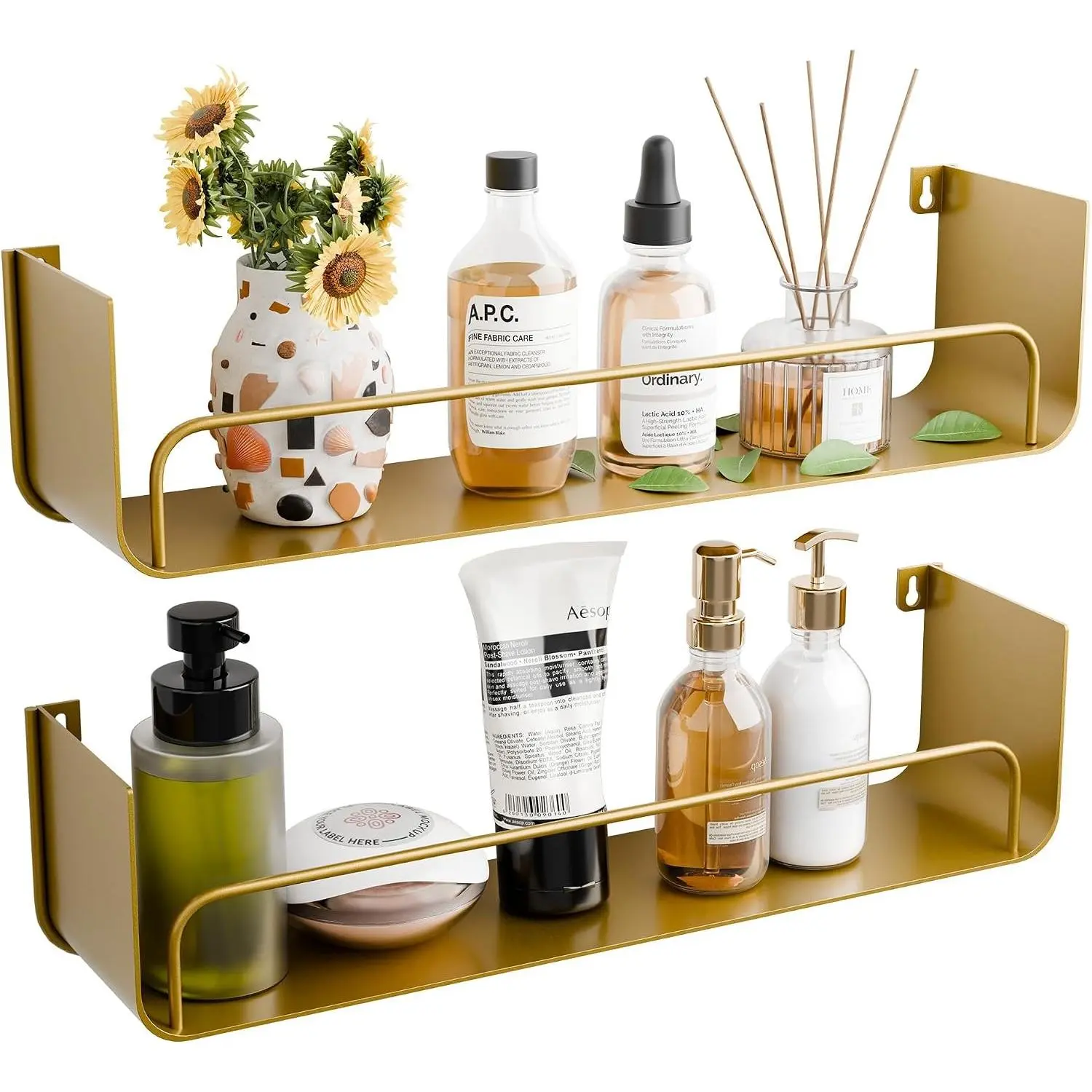 16 Inch Gold Floating Shelves Set of 2, Narrow Iron Bathroom Shelves with Guardrail, U-Shaped Wall Mounted Shelf for Home Decor & Organizer, Display Shelf for Bathroom,Kitchen,Bedroom&Any Room