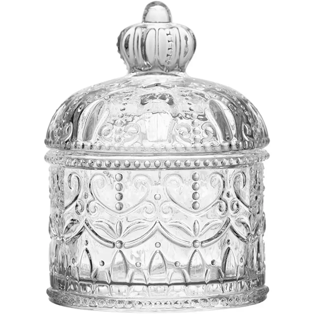 200ML/6.7oz Clear Glass Jar Cystal Glass Decorative Candy Dish with Lid  Embossed  Storage Jar Glass Organization Canisters for Wedding Party Buffet Decorative